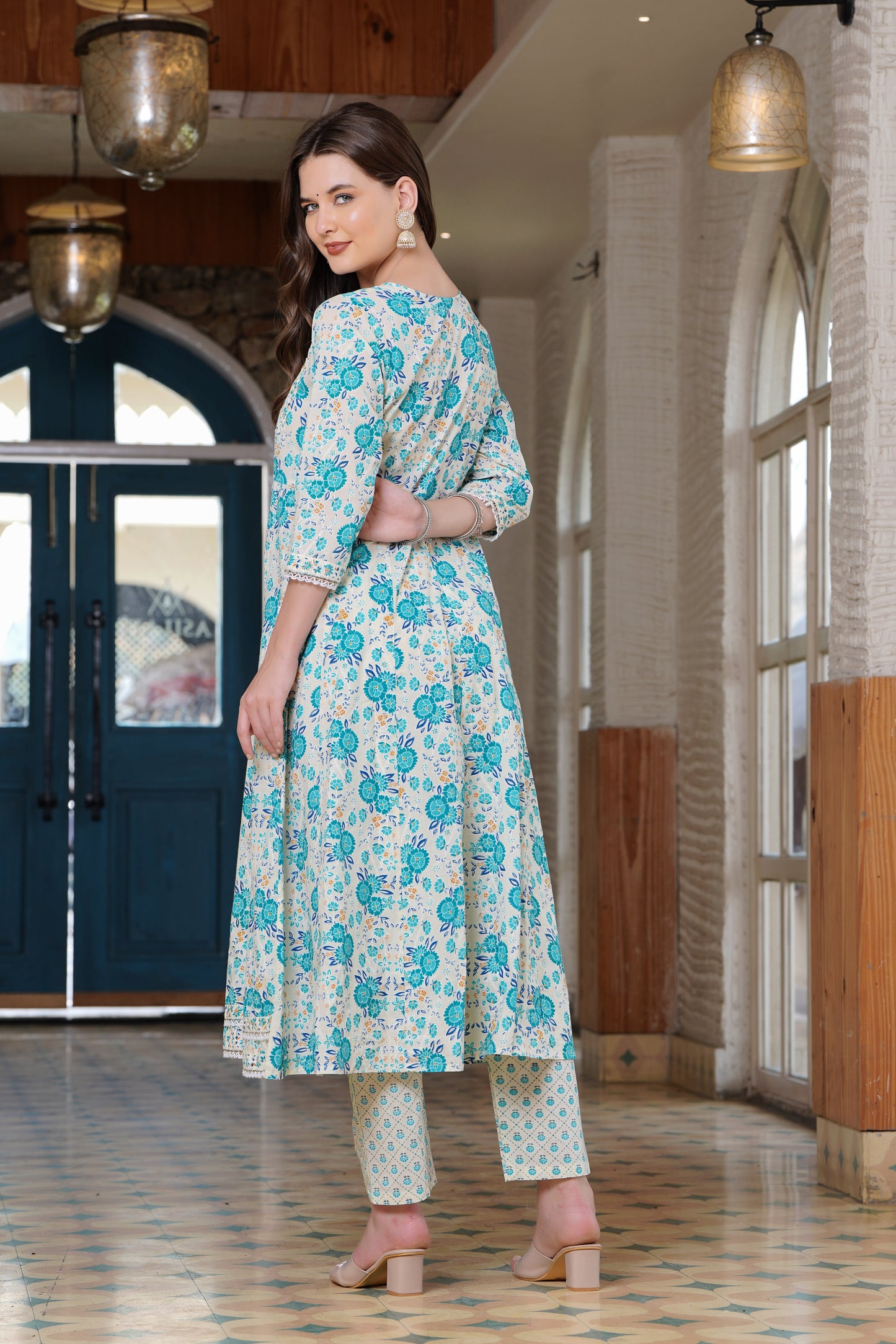 Turquoise Radiance: Anarkali Cotton Kurta Set