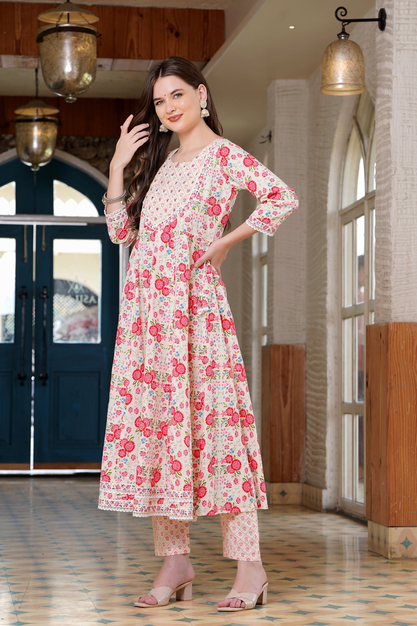 Pink Blossom: Anarkali Cotton Kurta Set