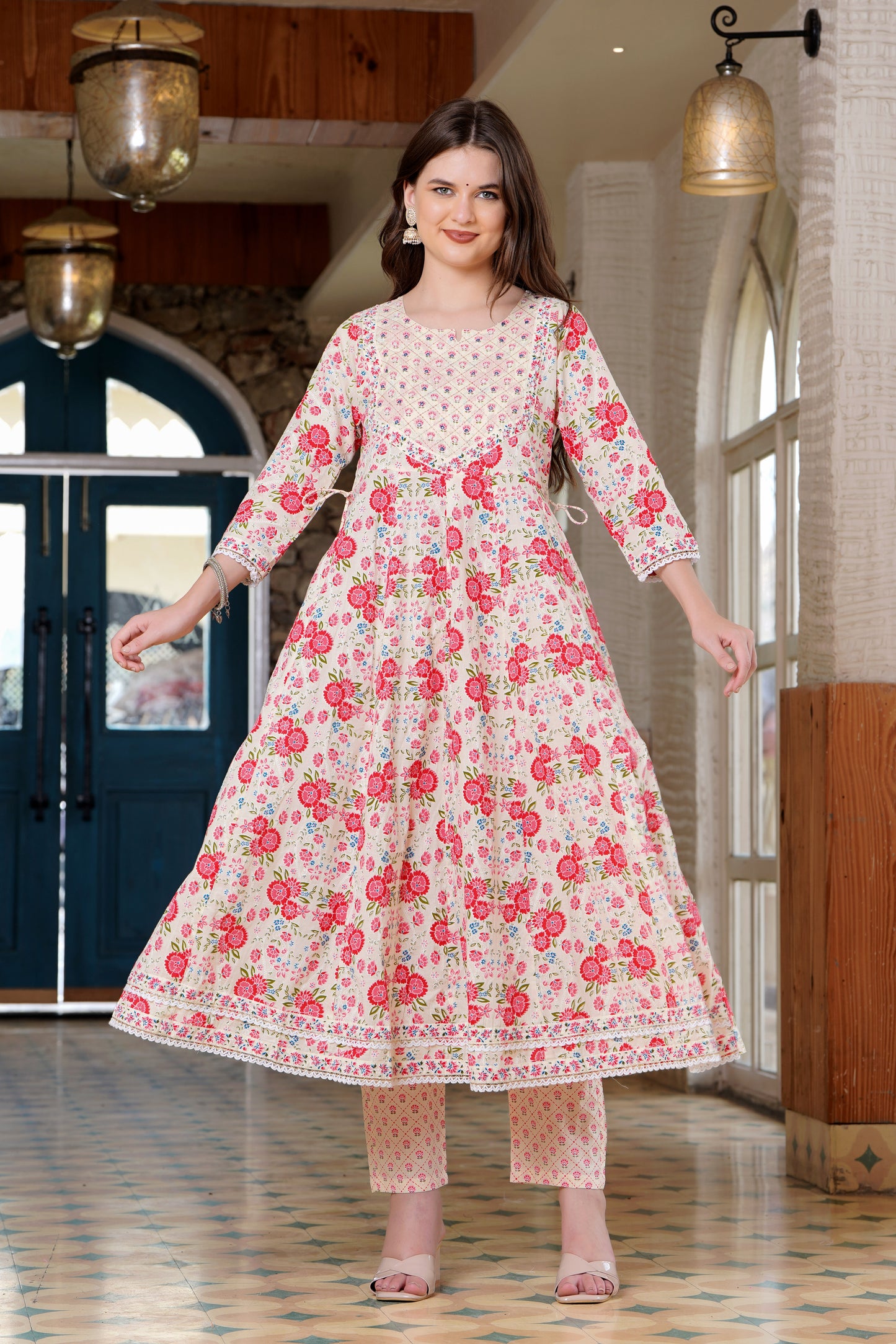 Pink Blossom: Anarkali Cotton Kurta Set