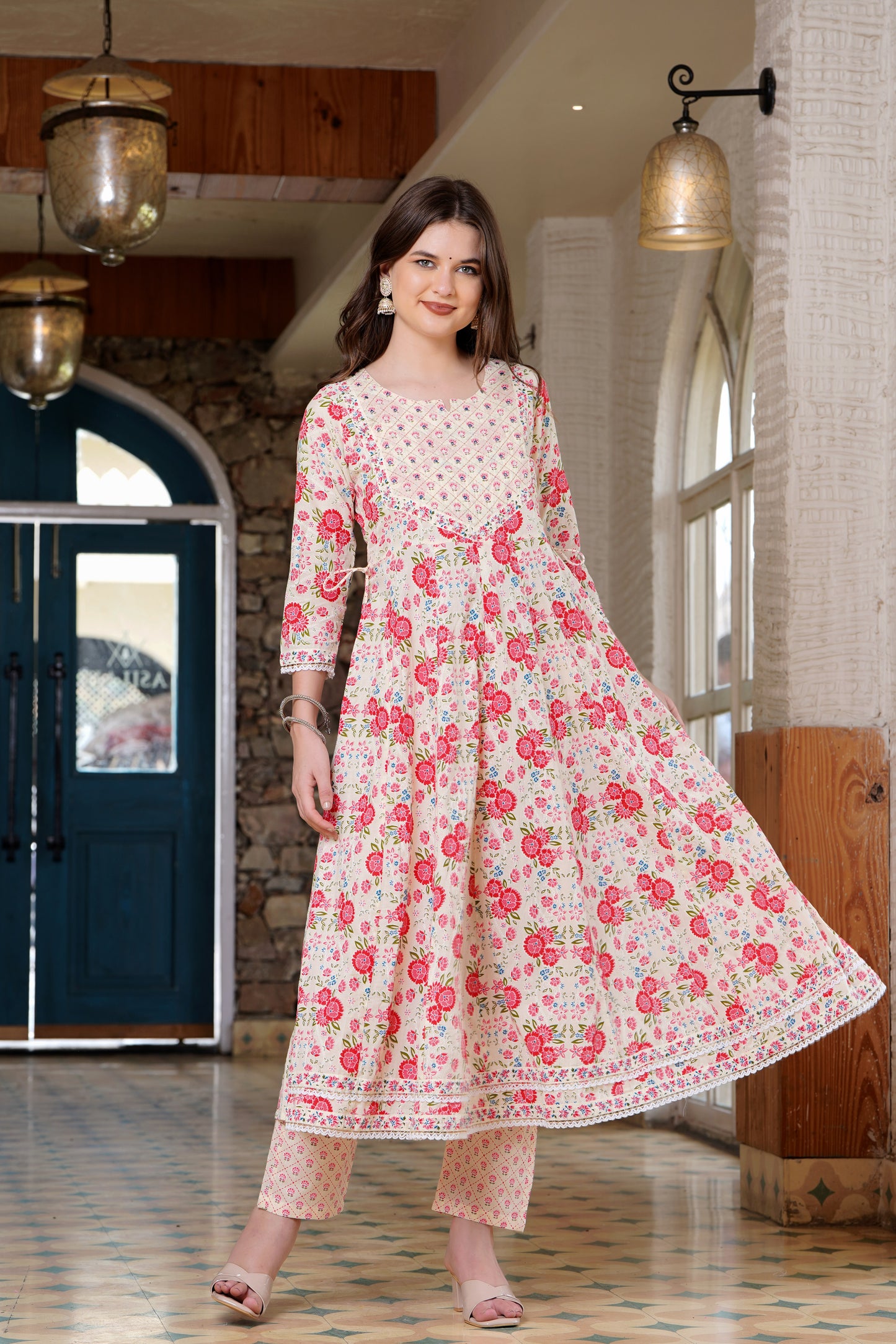 Pink Blossom: Anarkali Cotton Kurta Set