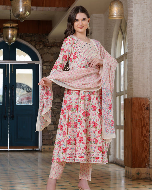 Pink Blossom: Anarkali Cotton Kurta Set