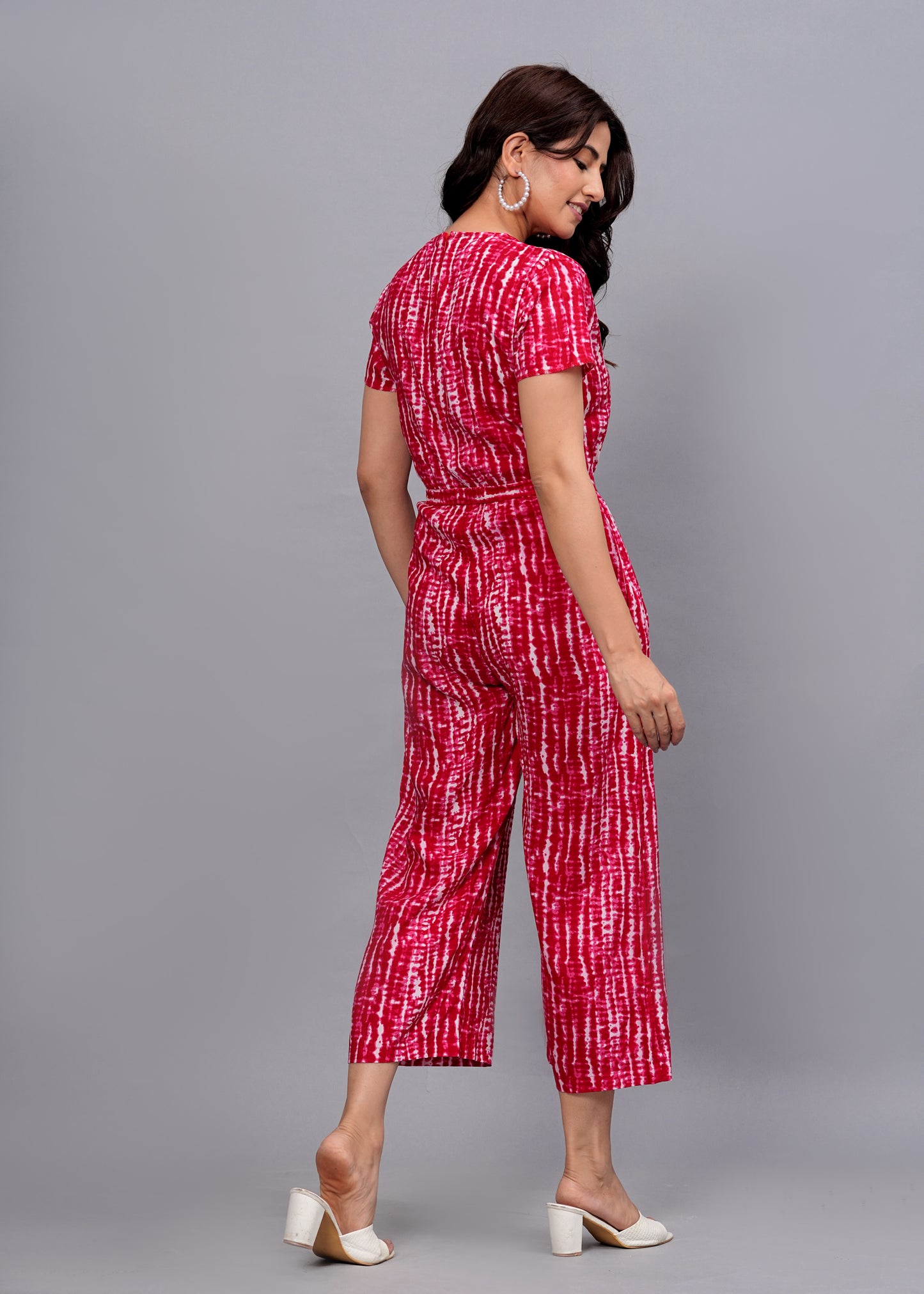Red Radiance: Geometric Print Rayon Jumpsuit