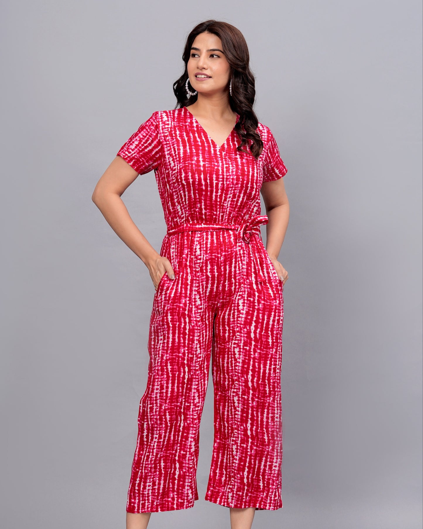 Red Radiance: Geometric Print Rayon Jumpsuit