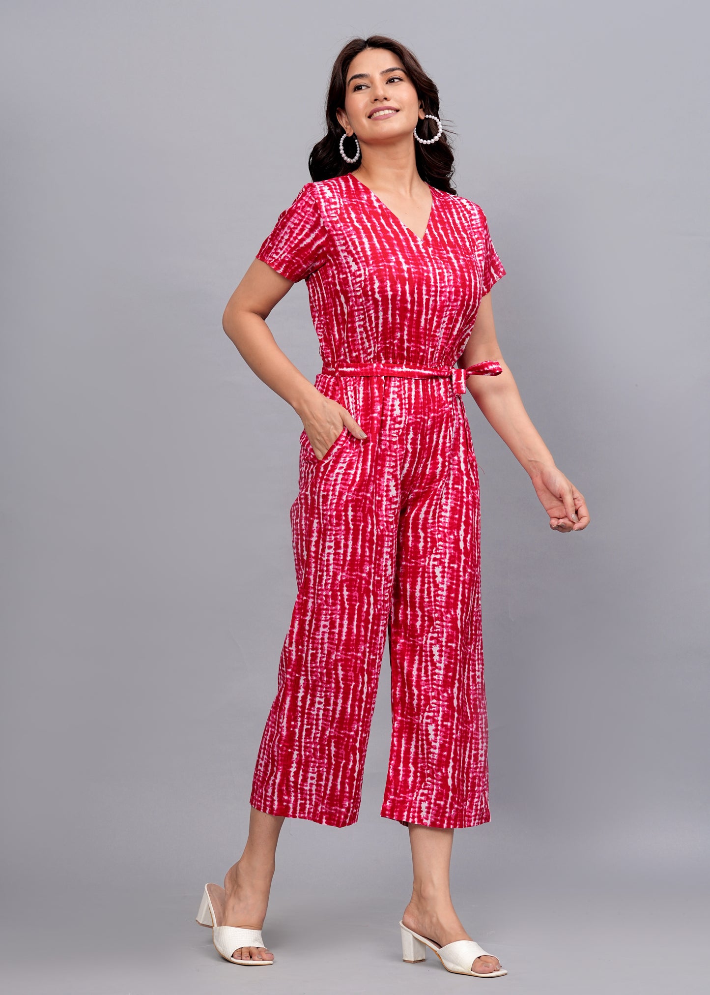 Red Radiance: Geometric Print Rayon Jumpsuit