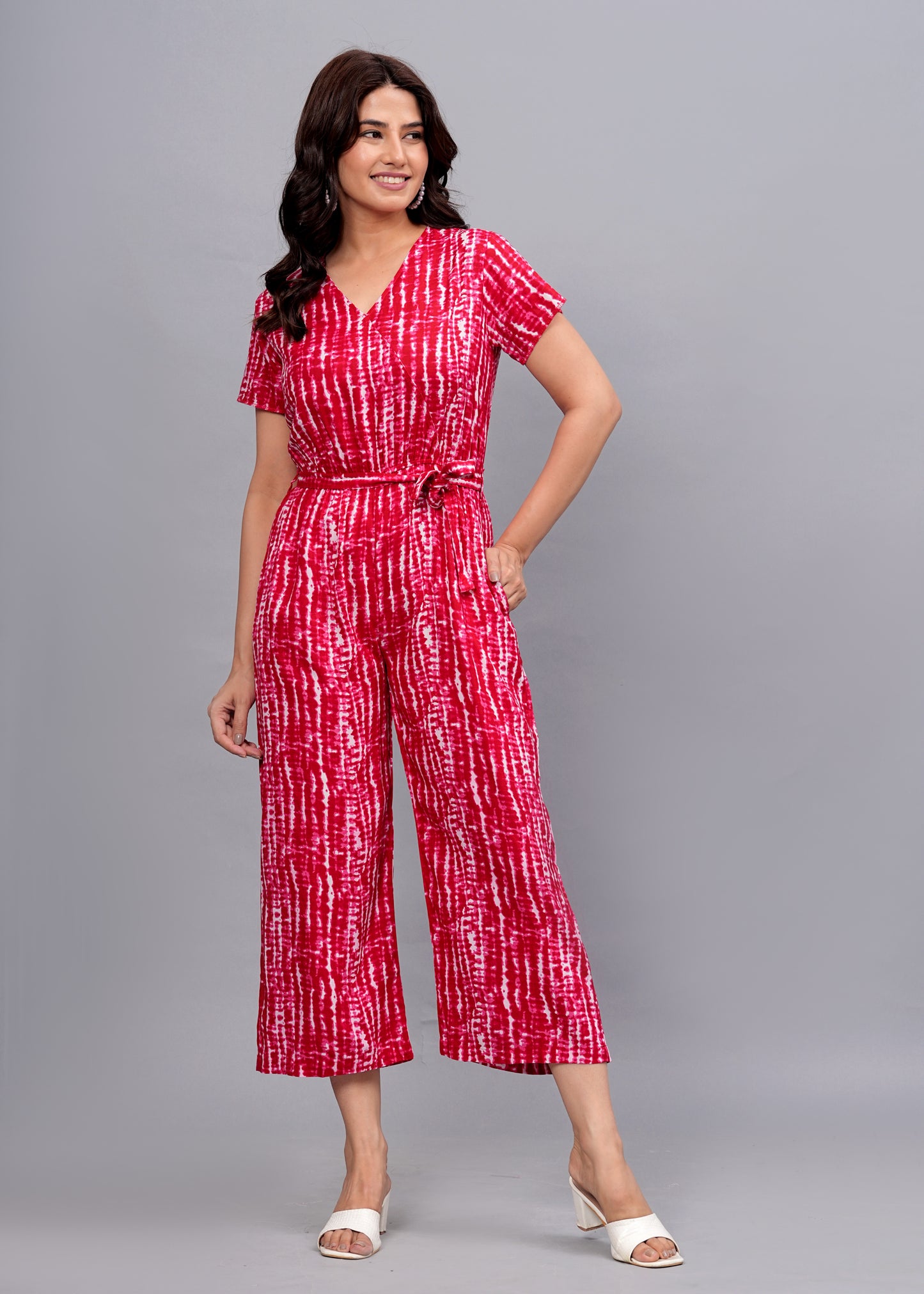 Red Radiance: Geometric Print Rayon Jumpsuit