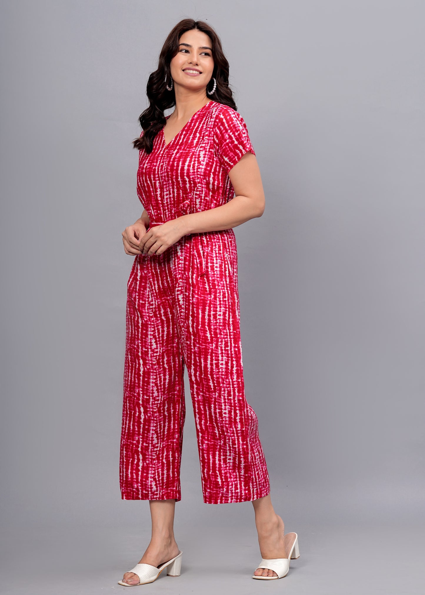 Red Radiance: Geometric Print Rayon Jumpsuit