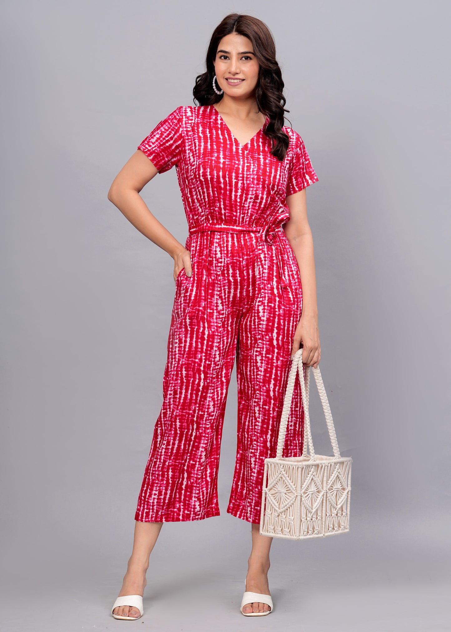 Red Radiance: Geometric Print Rayon Jumpsuit