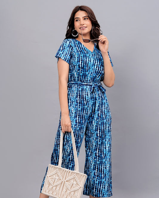 Blue Elegance: Geometric Print Rayon Jumpsuit