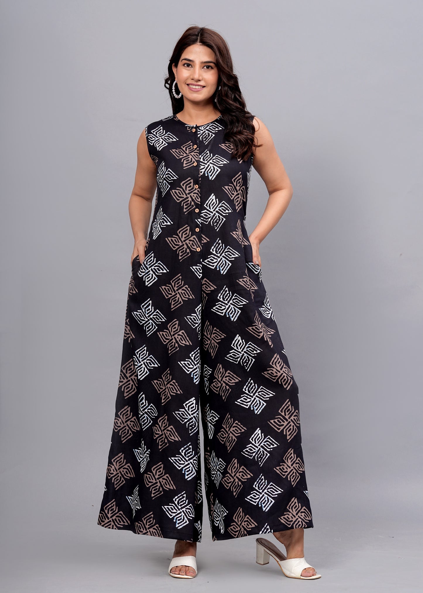 Black Chic: Sleeveless Geometric Print Rayon Jumpsuit