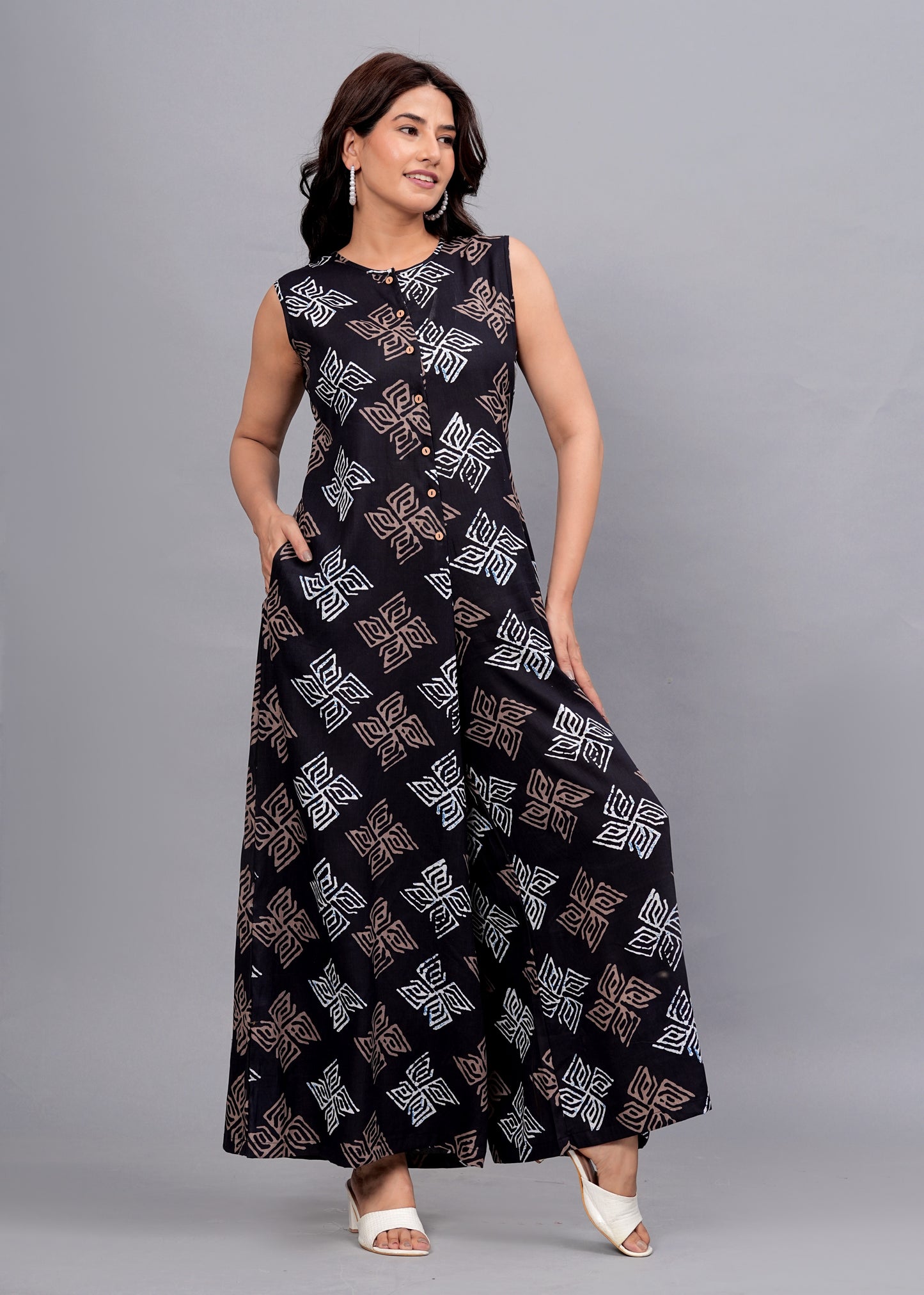 Black Chic: Sleeveless Geometric Print Rayon Jumpsuit