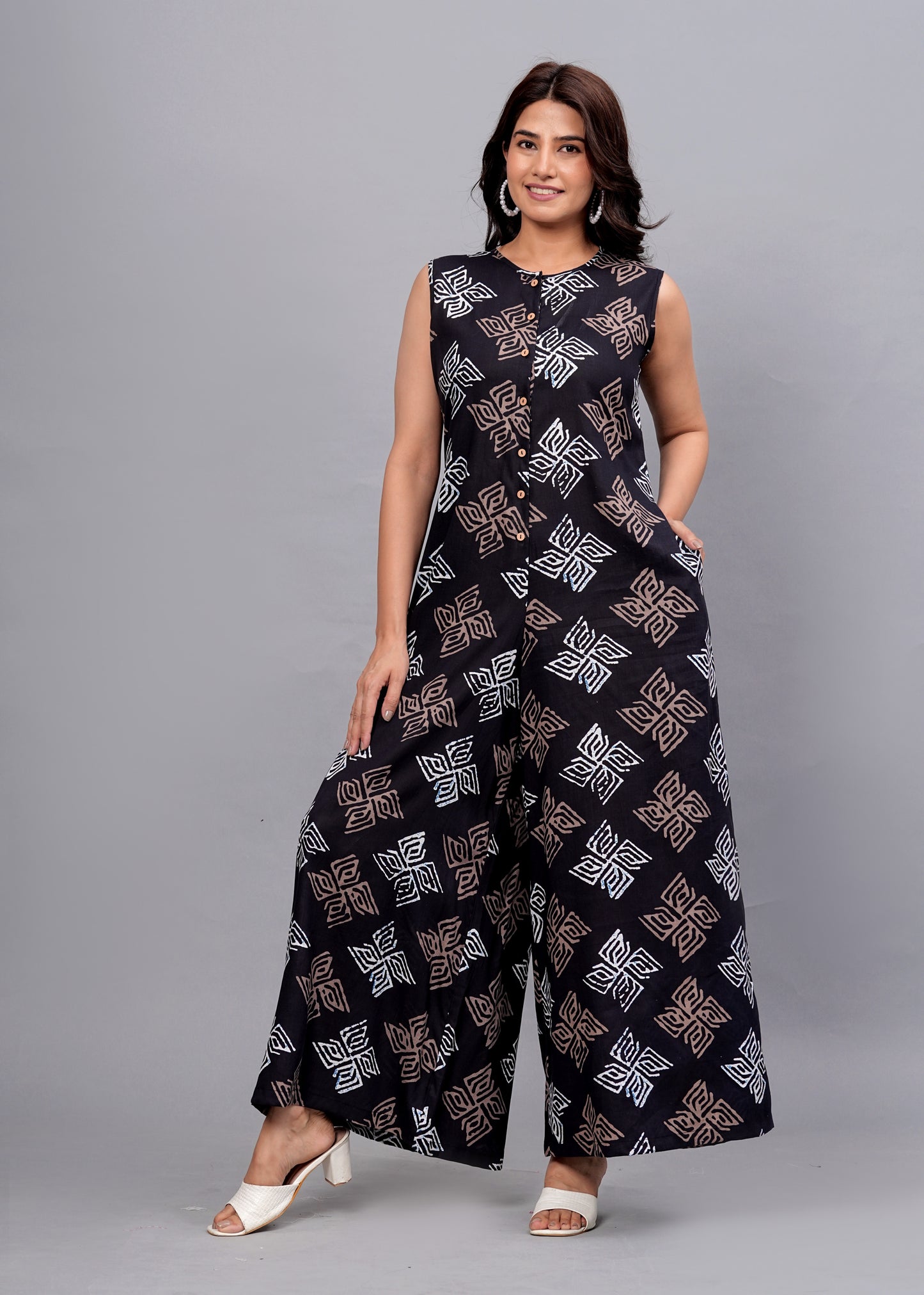 Black Chic: Sleeveless Geometric Print Rayon Jumpsuit