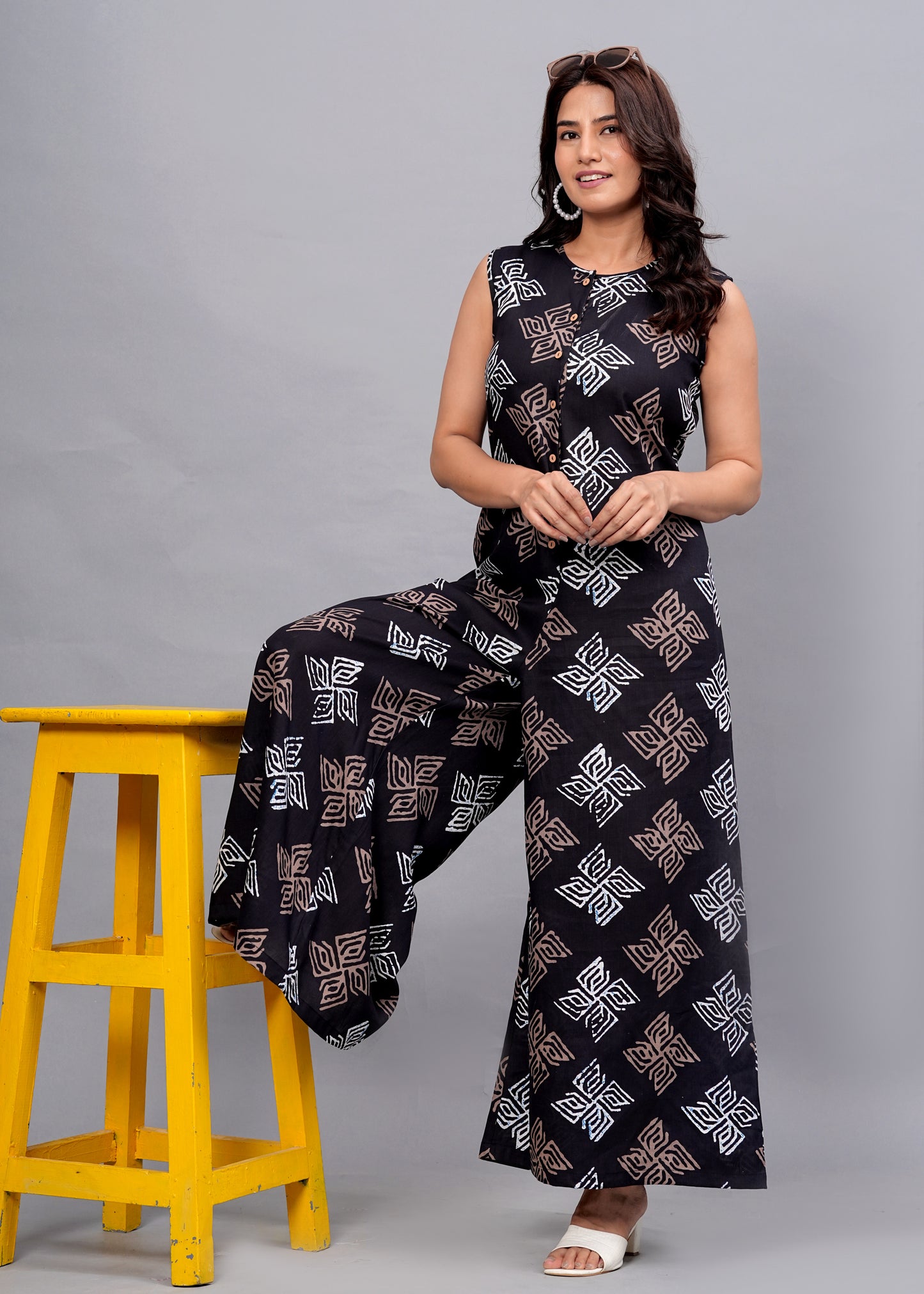 Black Chic: Sleeveless Geometric Print Rayon Jumpsuit