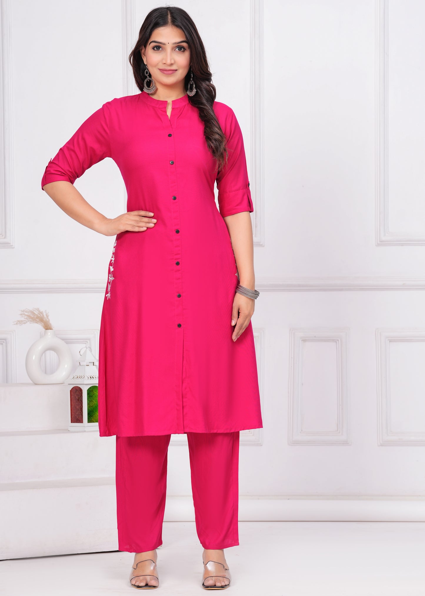 Pink Radiance: Rayon Button Pattern Kurta Set