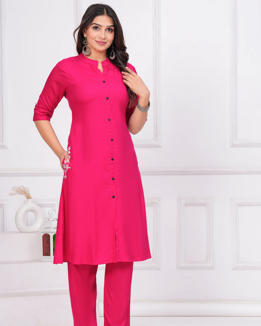 Pink Radiance: Rayon Button Pattern Kurta Set