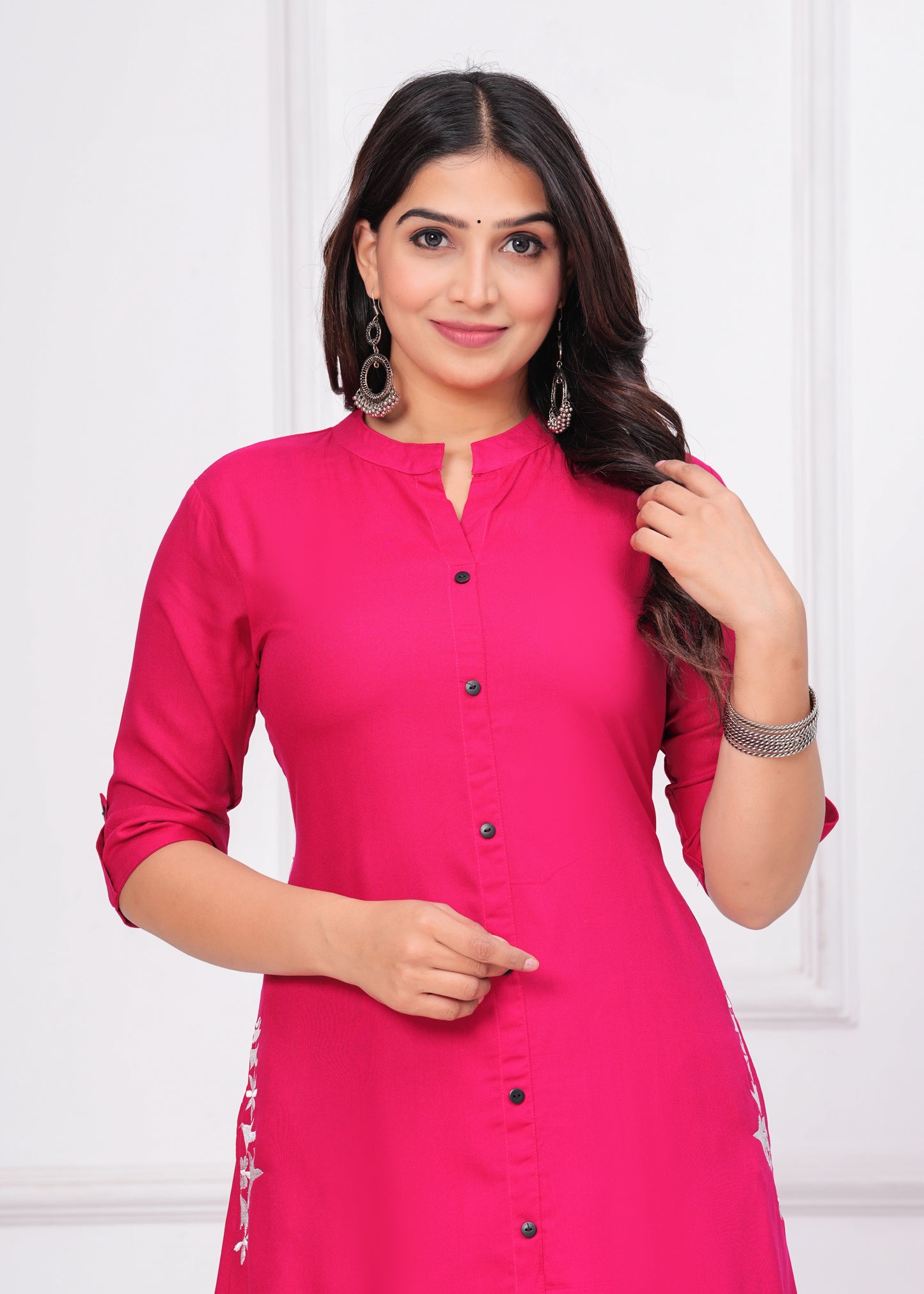 Pink Radiance: Rayon Button Pattern Kurta Set