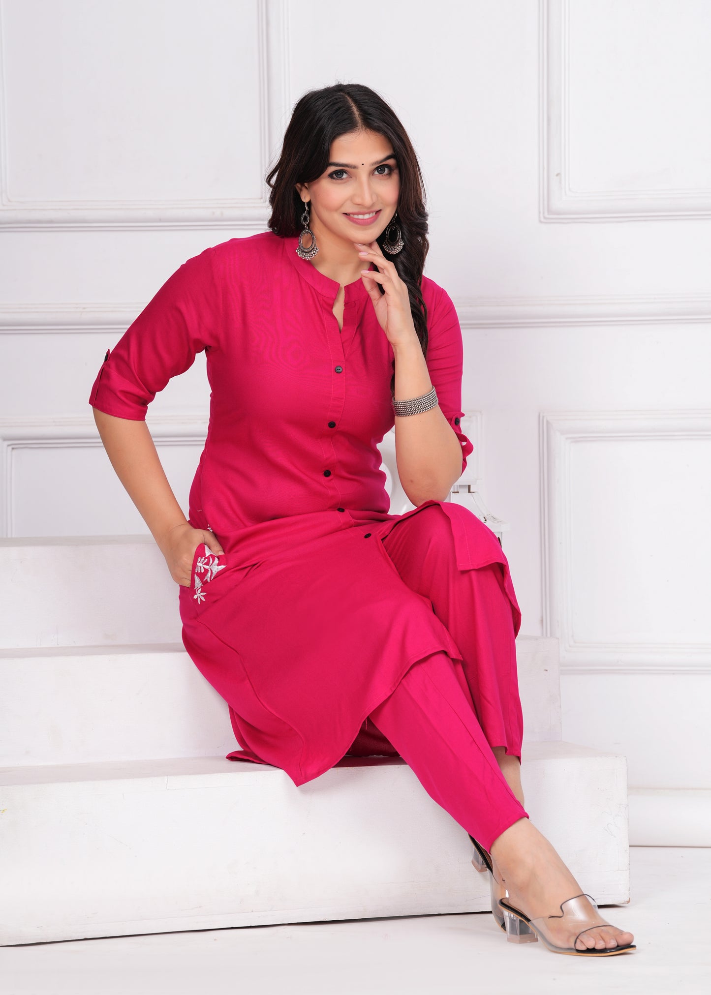 Pink Radiance: Rayon Button Pattern Kurta Set