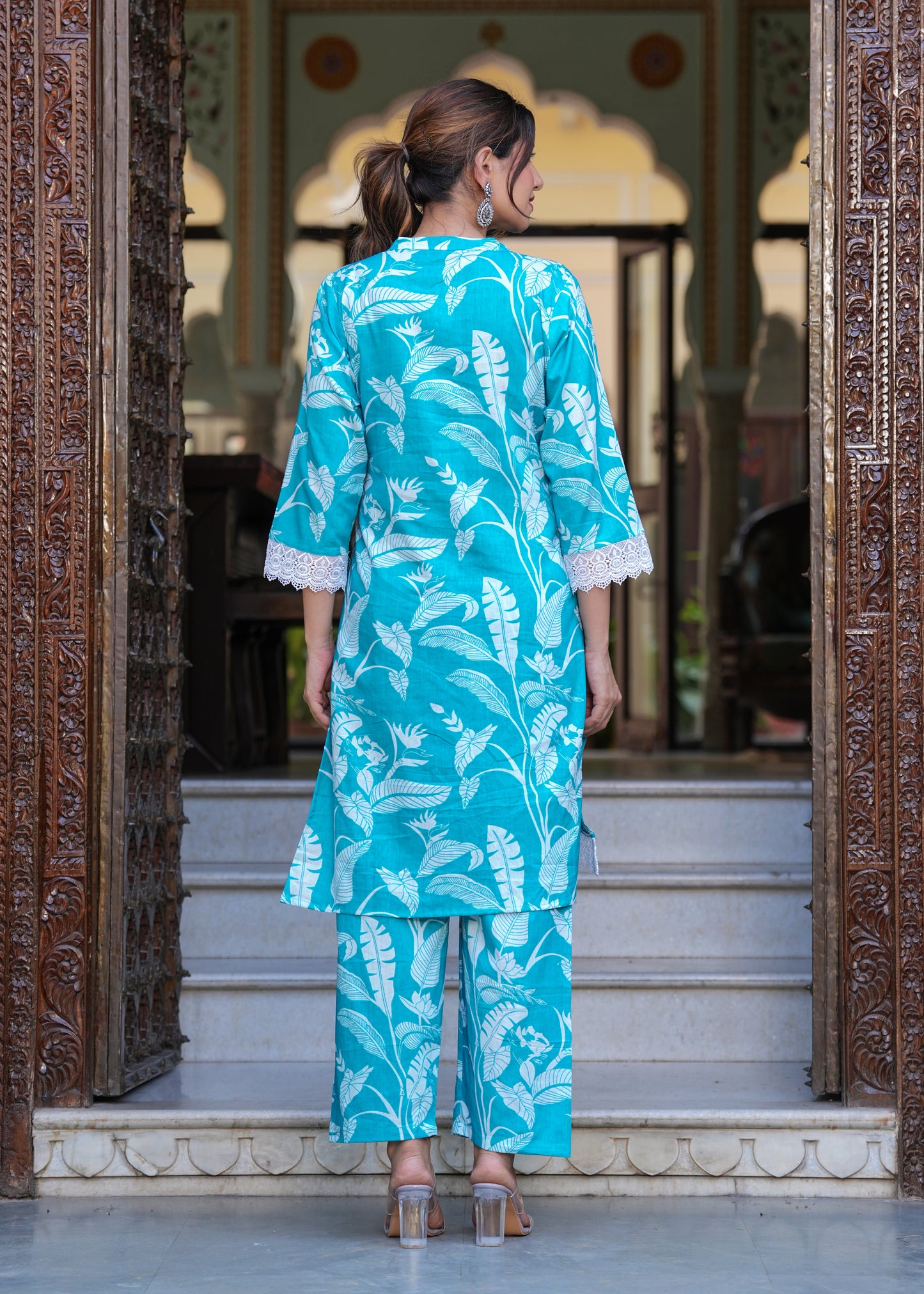 Turquoise Delight: Lace Work Rayon Kurta Set