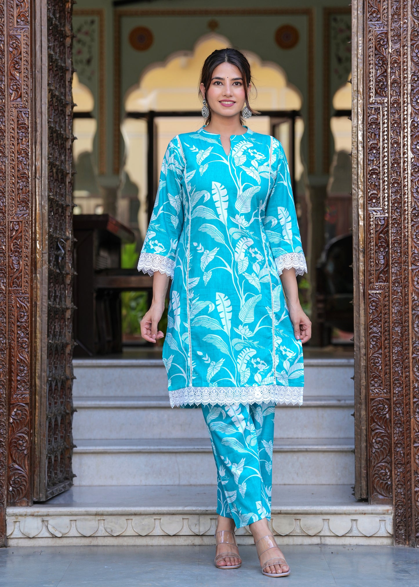 Turquoise Delight: Lace Work Rayon Kurta Set