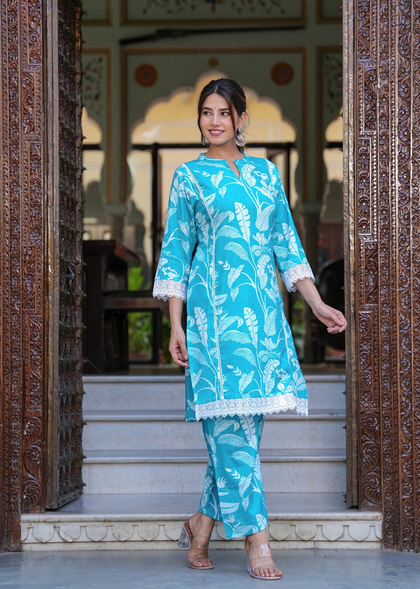 Turquoise Delight: Lace Work Rayon Kurta Set