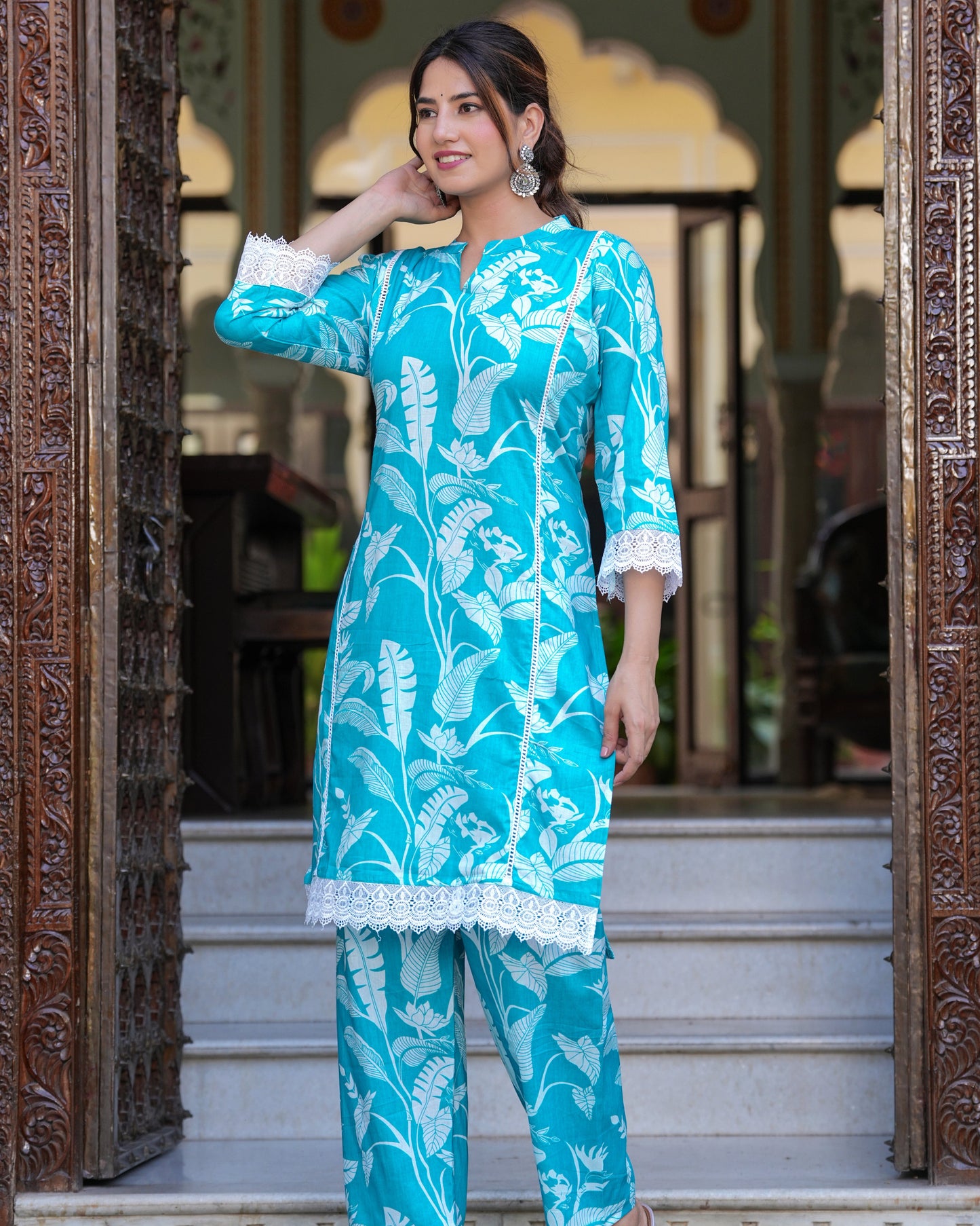 Turquoise Delight: Lace Work Rayon Kurta Set