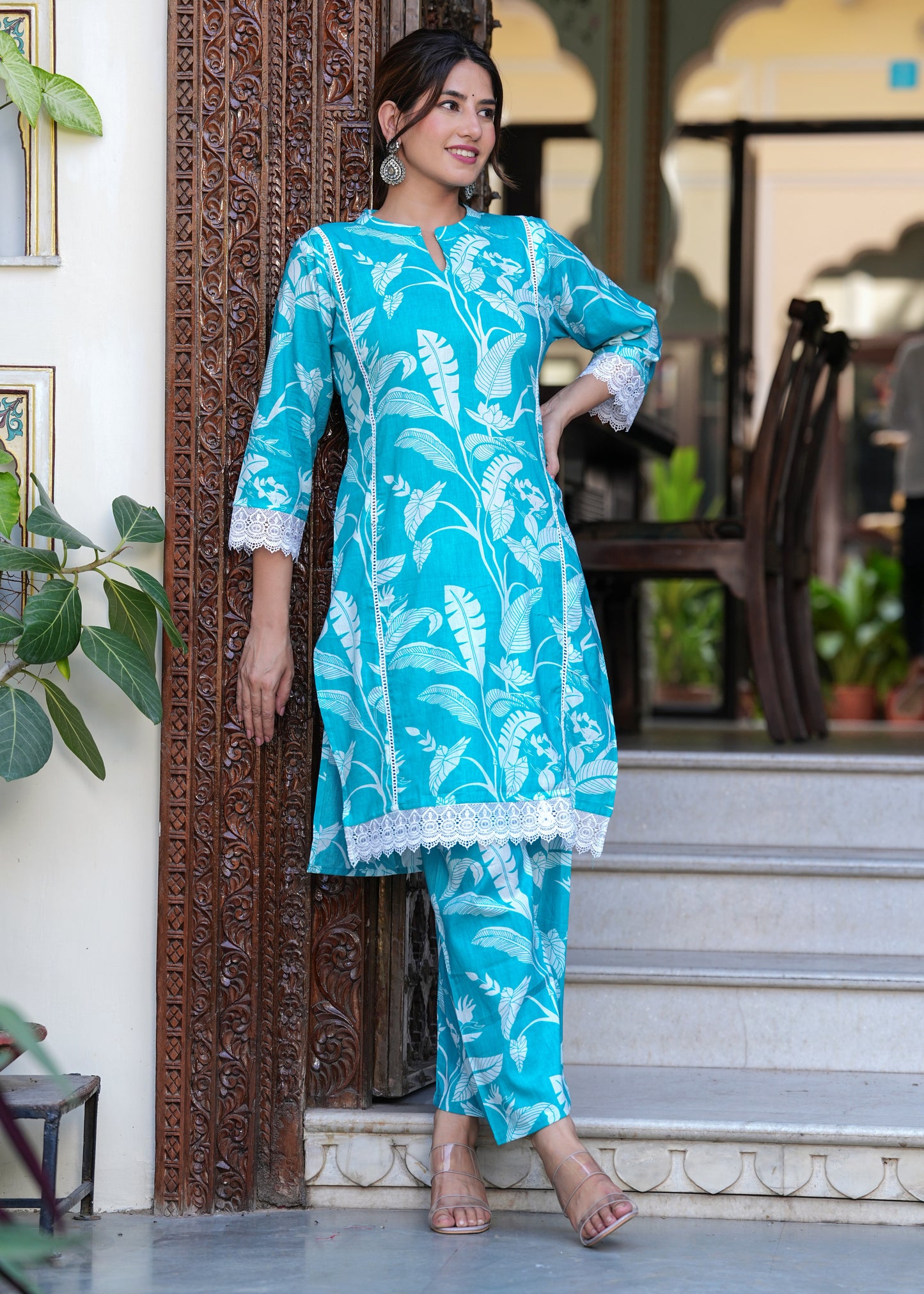 Turquoise Delight: Lace Work Rayon Kurta Set