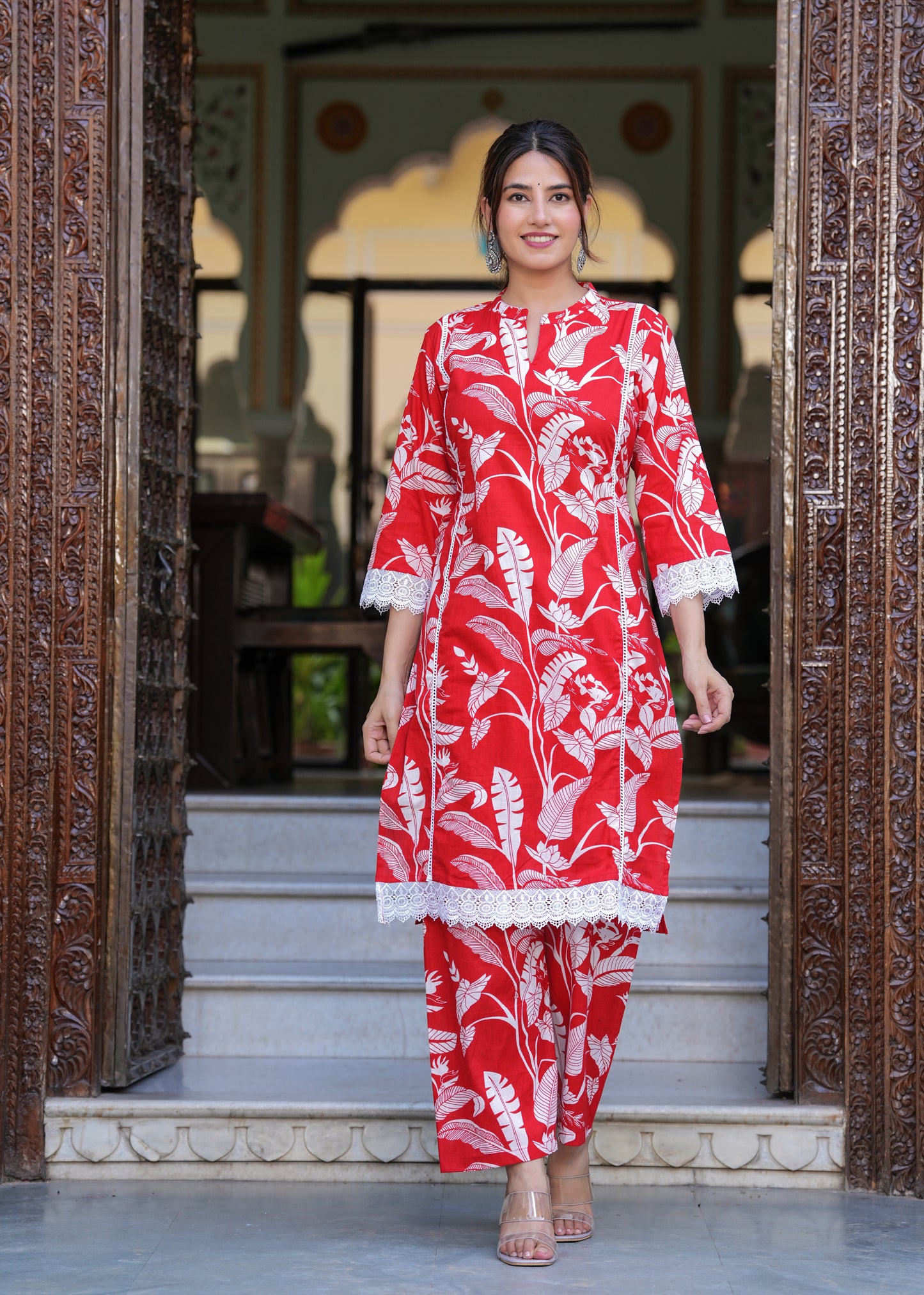 Red Beauty: Lace Work Rayon Kurta Set