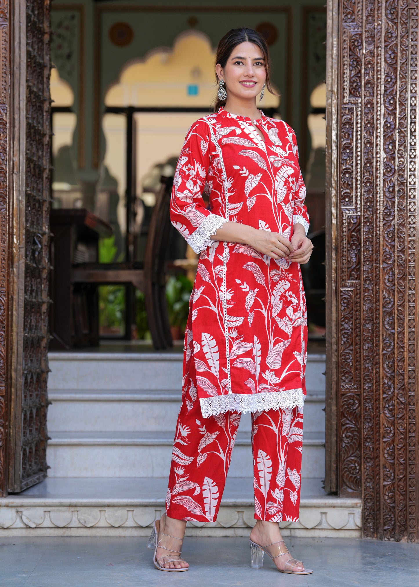 Red Beauty: Lace Work Rayon Kurta Set