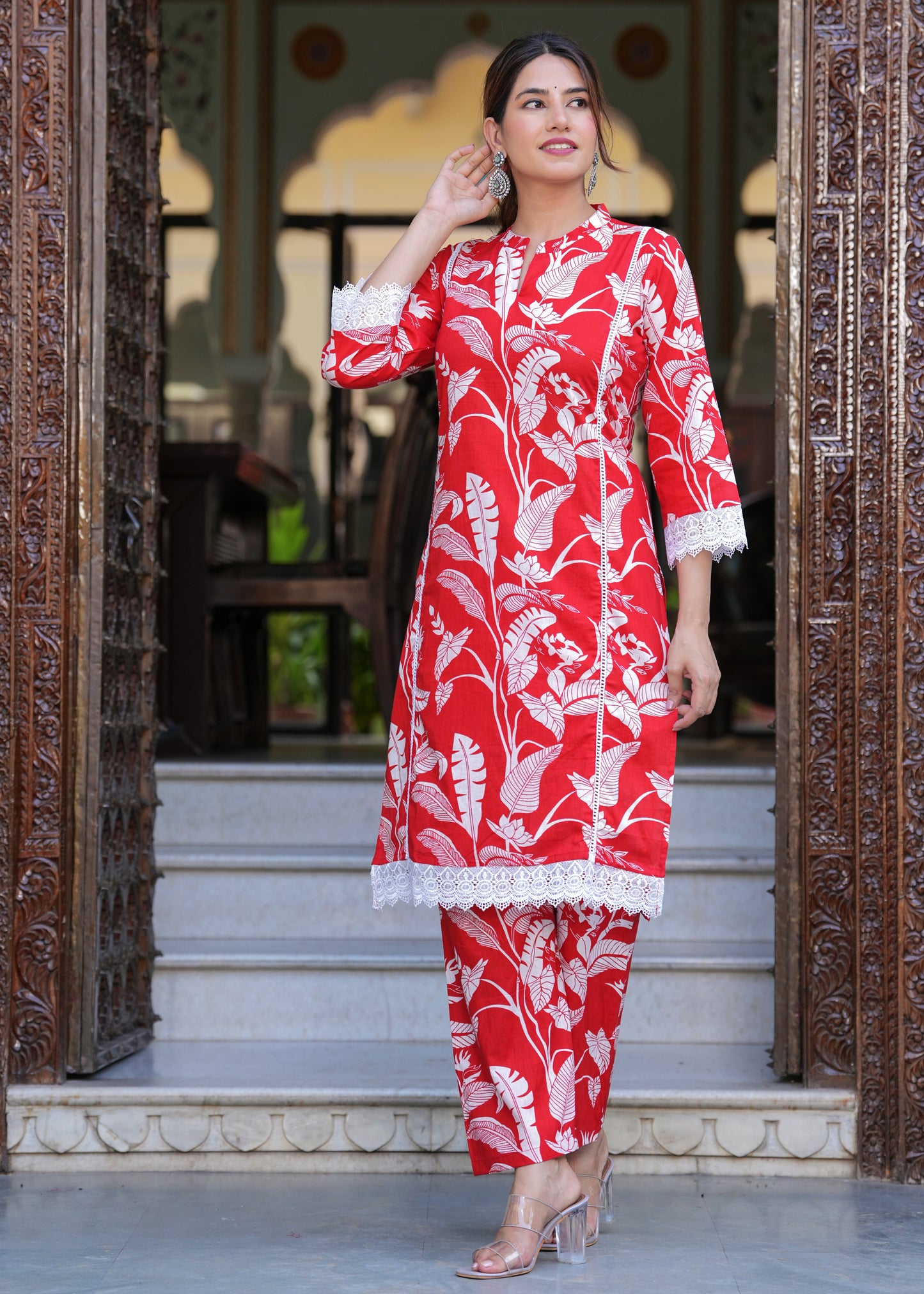 Red Beauty: Lace Work Rayon Kurta Set