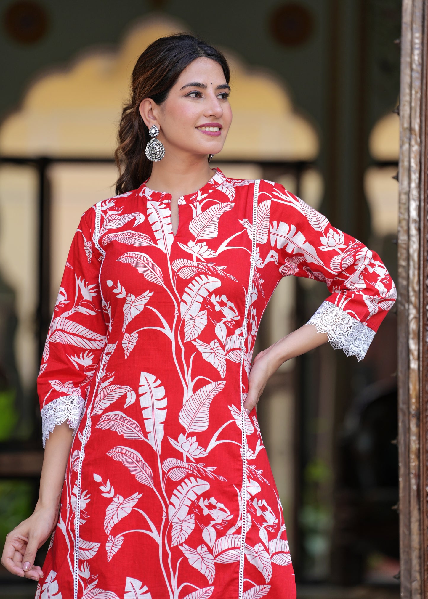 Red Beauty: Lace Work Rayon Kurta Set