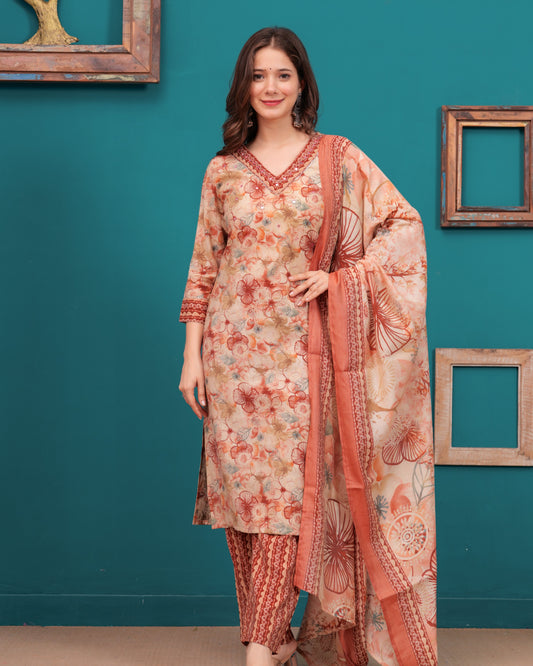 Orange Glow: Muslin Printed Kurta Set with Dupatta