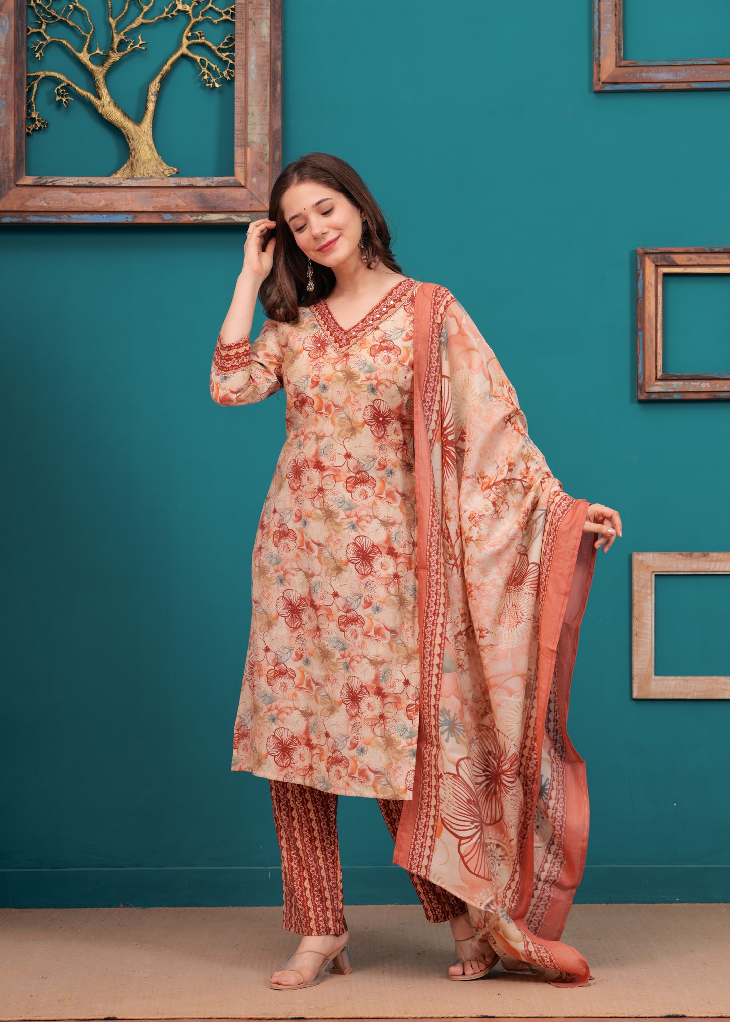 Orange Glow: Muslin Printed Kurta Set with Dupatta