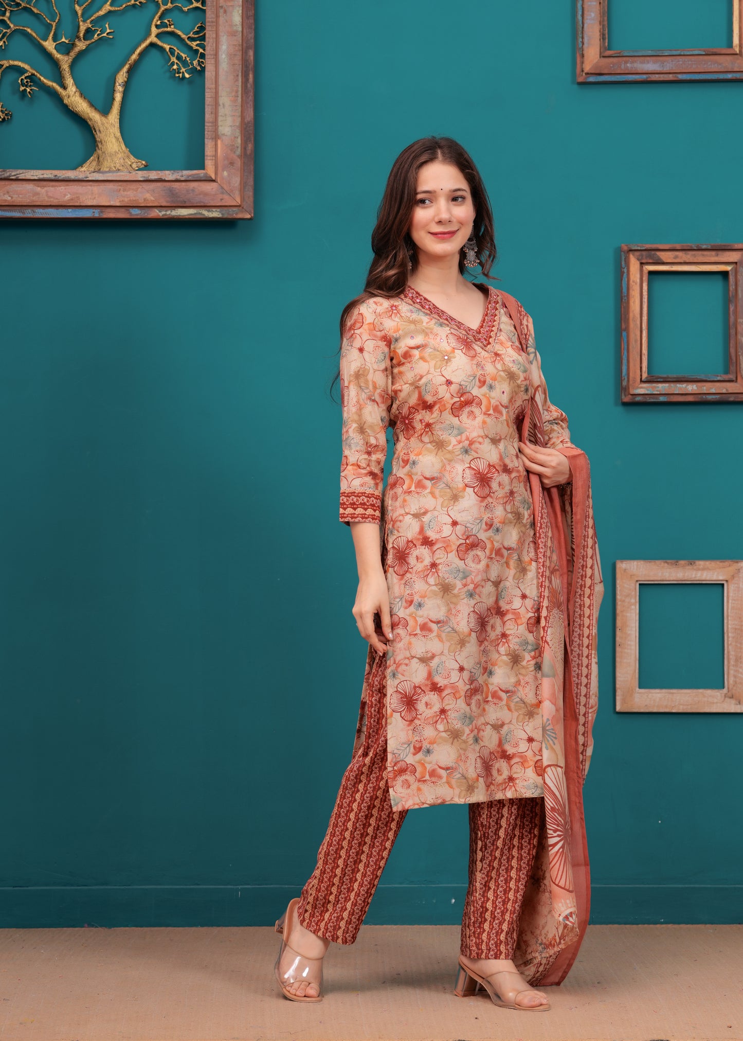 Orange Glow: Muslin Printed Kurta Set with Dupatta