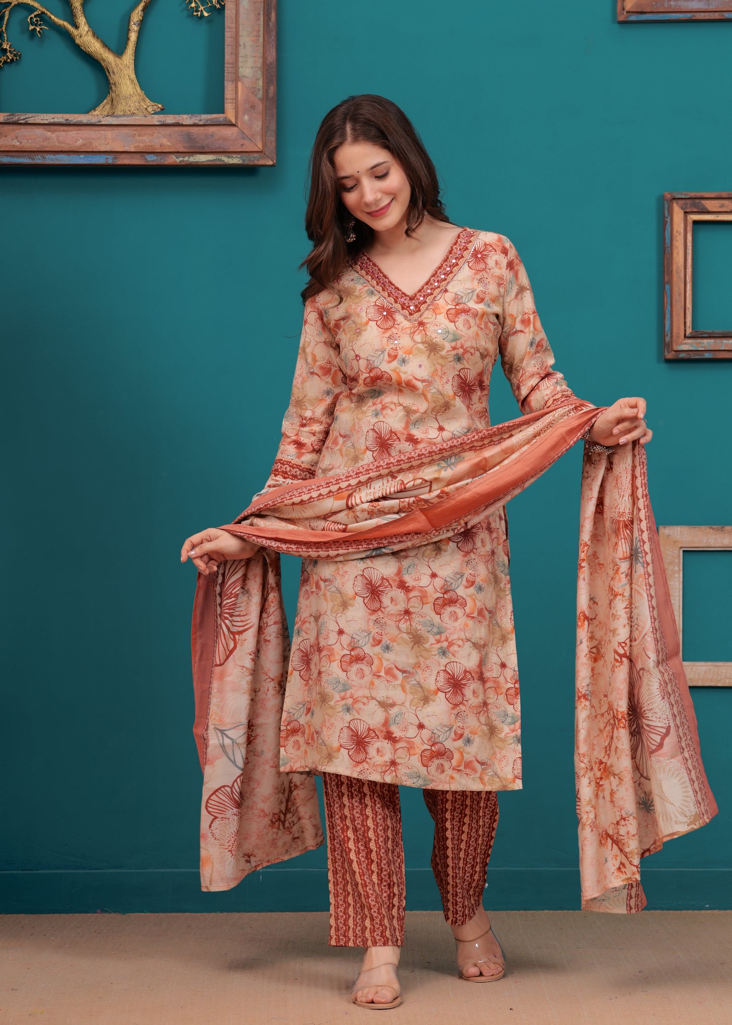 Orange Glow: Muslin Printed Kurta Set with Dupatta