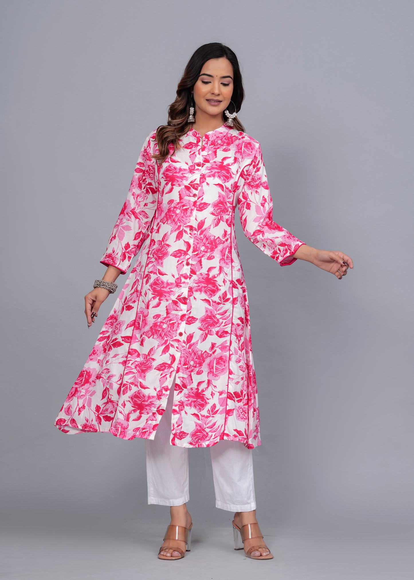 Pink Blossom: Floral Printed Rayon Kurti