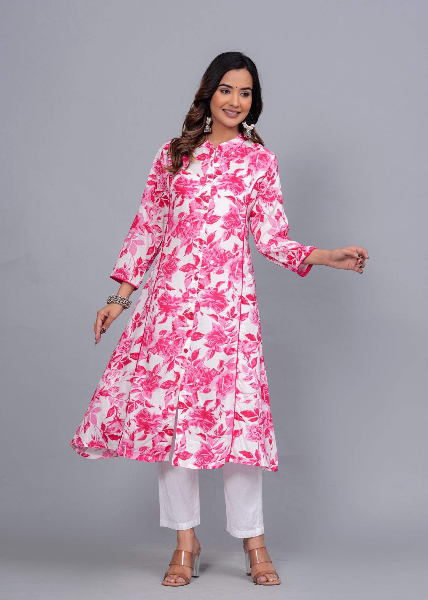 Pink Blossom: Floral Printed Rayon Kurti