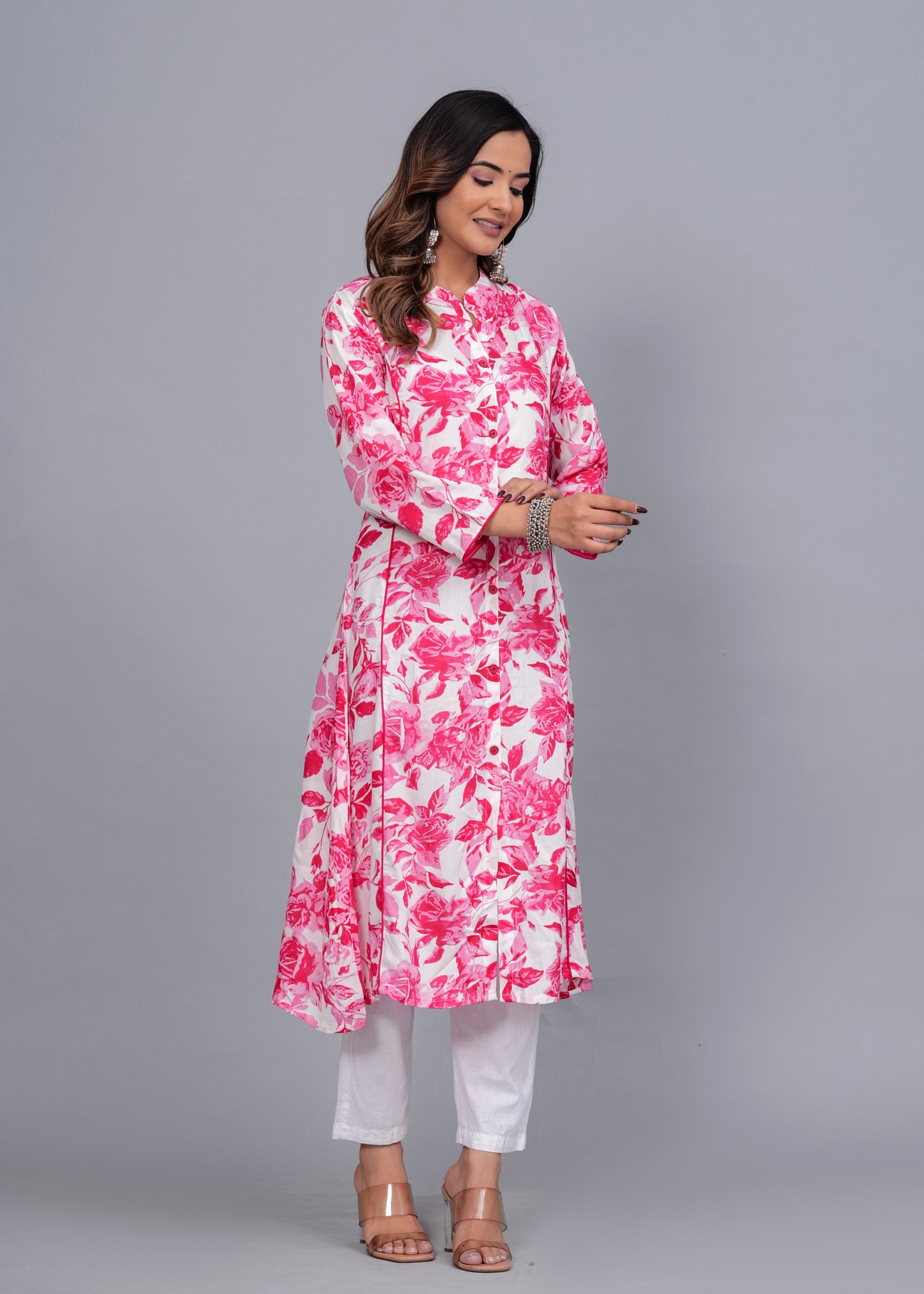 Pink Blossom: Floral Printed Rayon Kurti