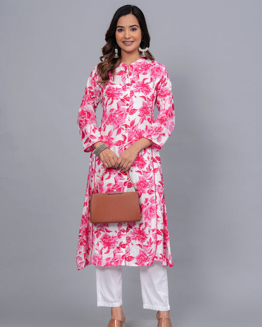 Pink Blossom: Floral Printed Rayon Kurti