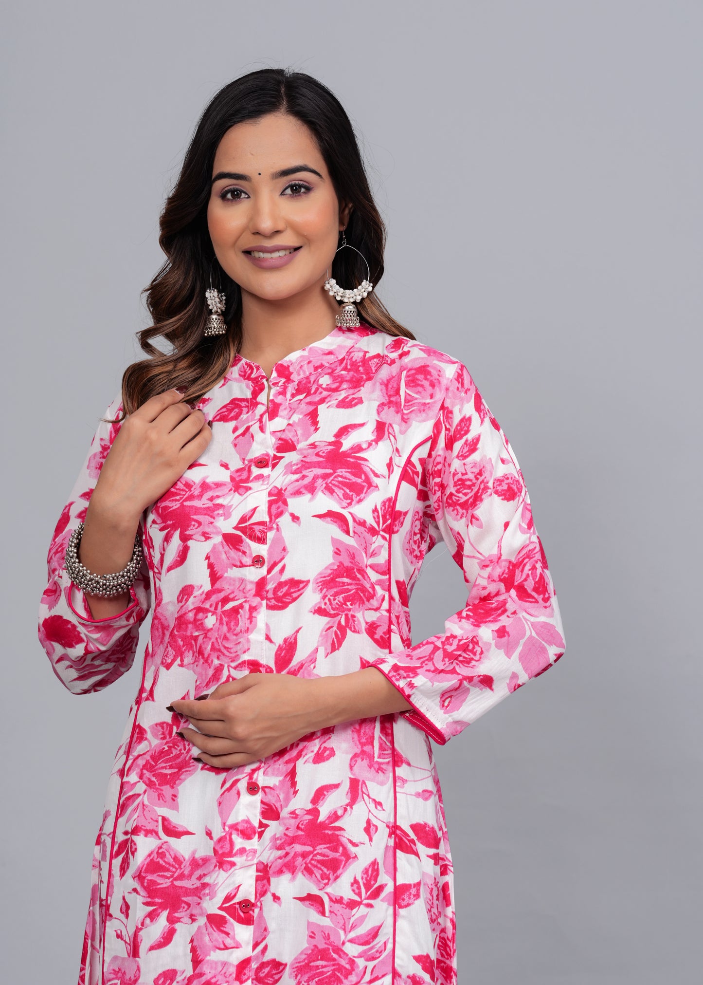 Pink Blossom: Floral Printed Rayon Kurti