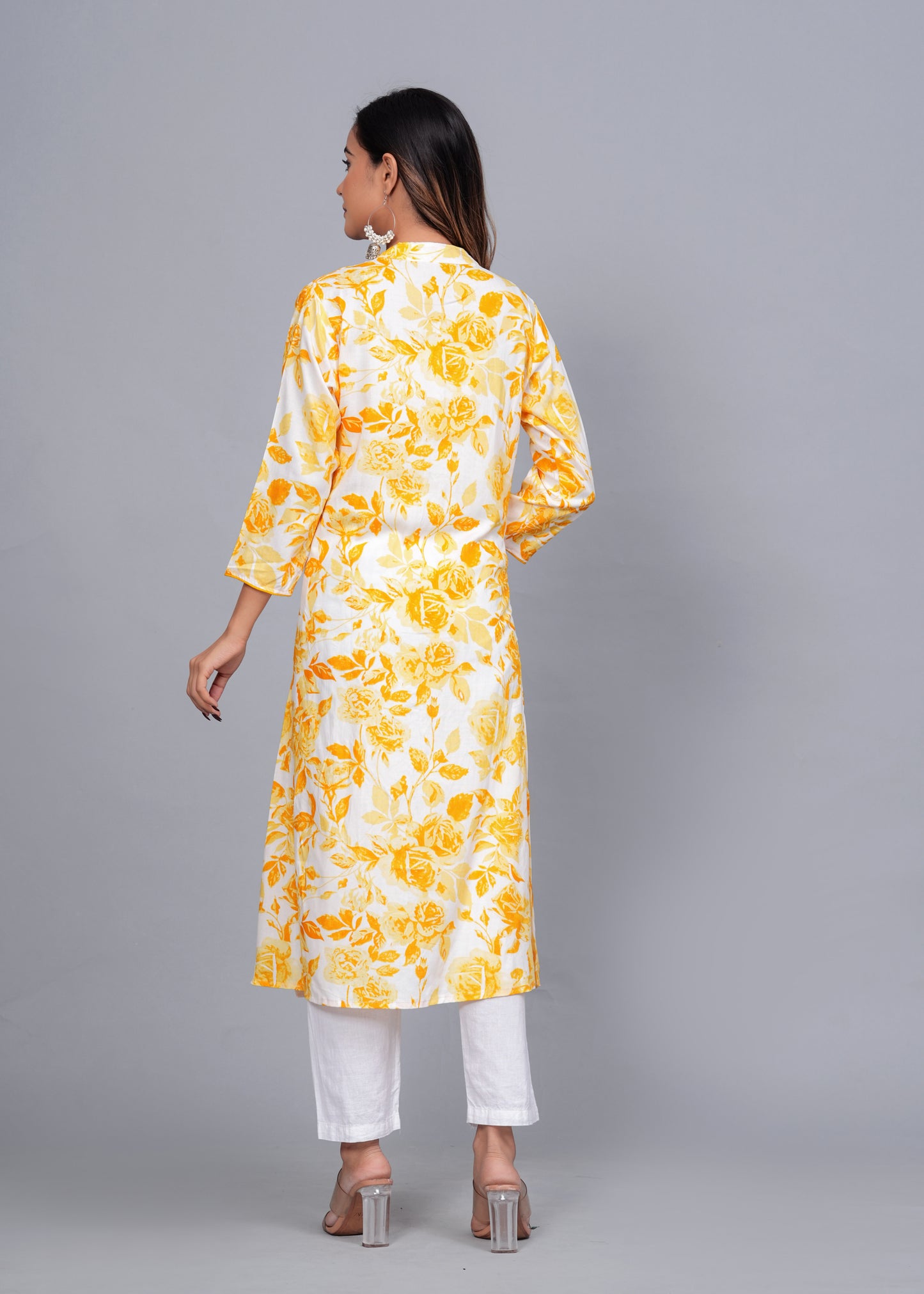 Yellow Blossom: Floral Printed Rayon Kurti