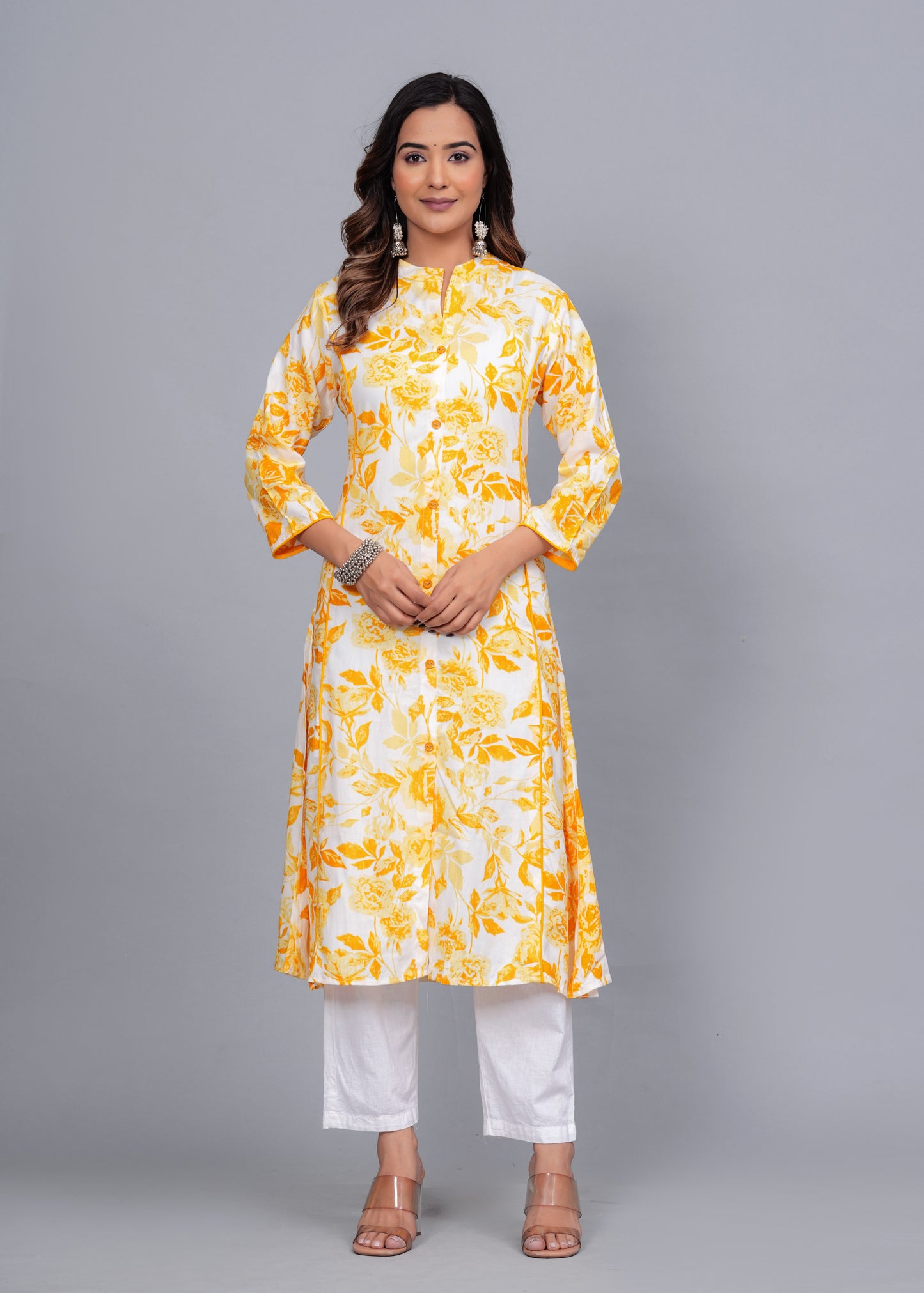 Yellow Blossom: Floral Printed Rayon Kurti