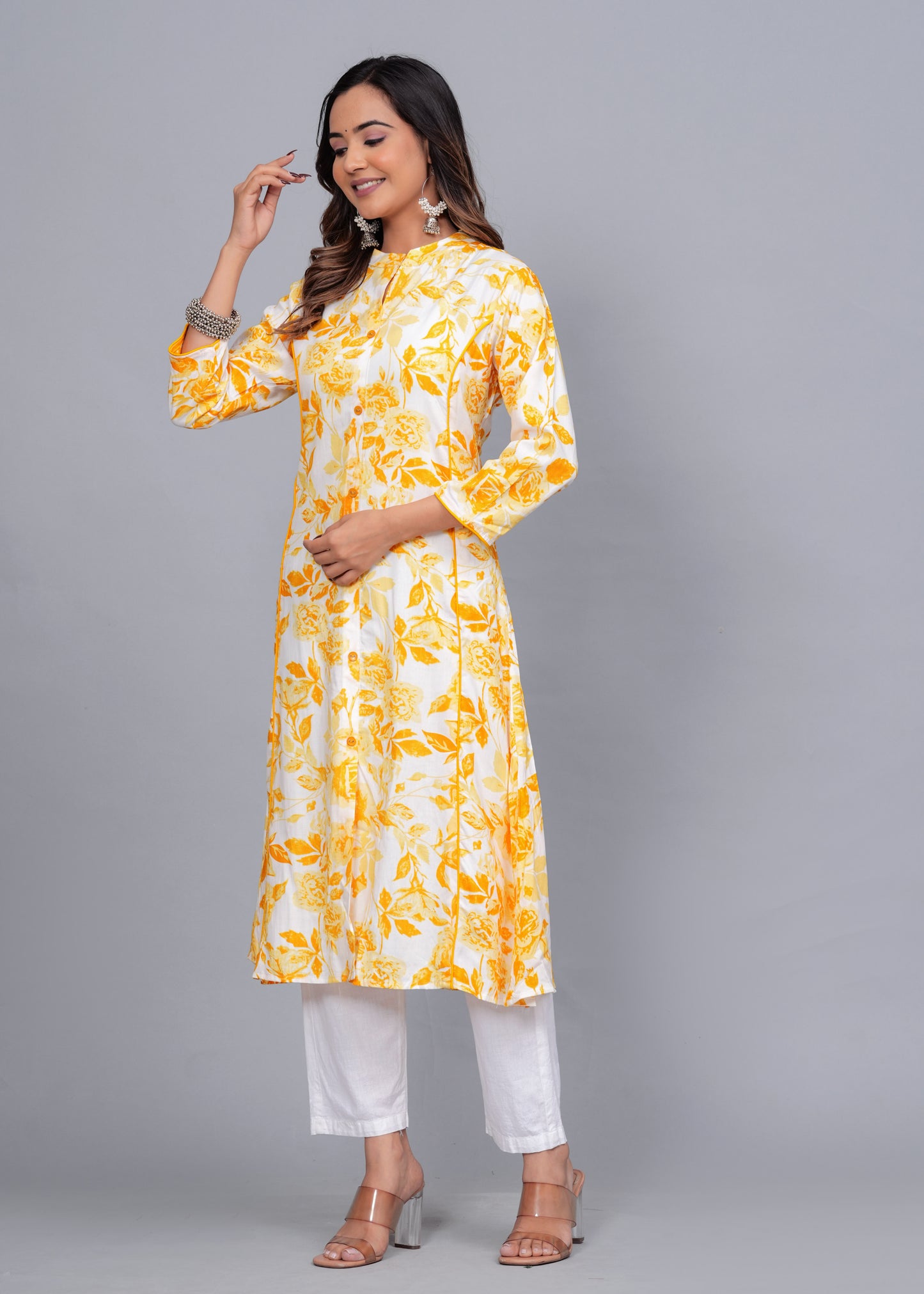 Yellow Blossom: Floral Printed Rayon Kurti