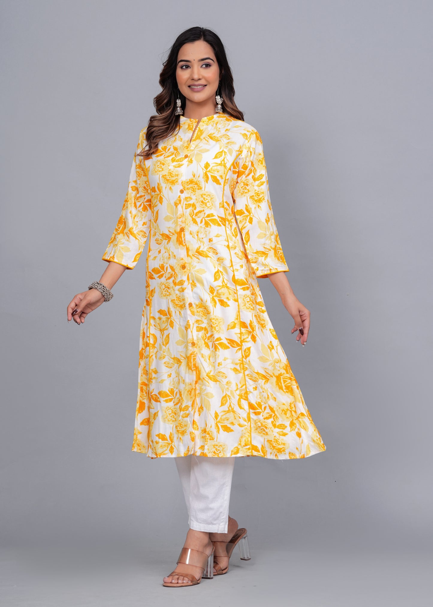 Yellow Blossom: Floral Printed Rayon Kurti