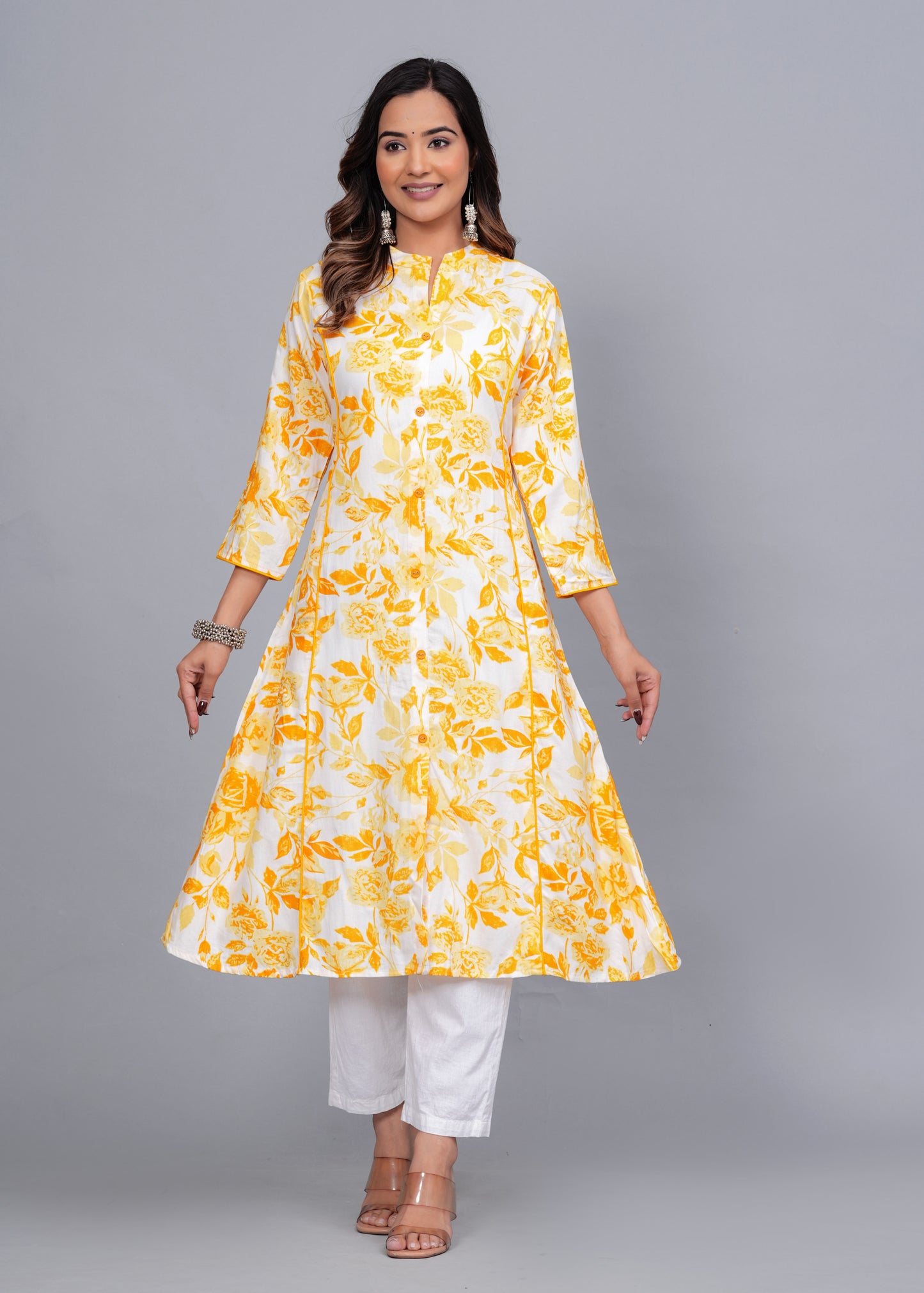 Yellow Blossom: Floral Printed Rayon Kurti