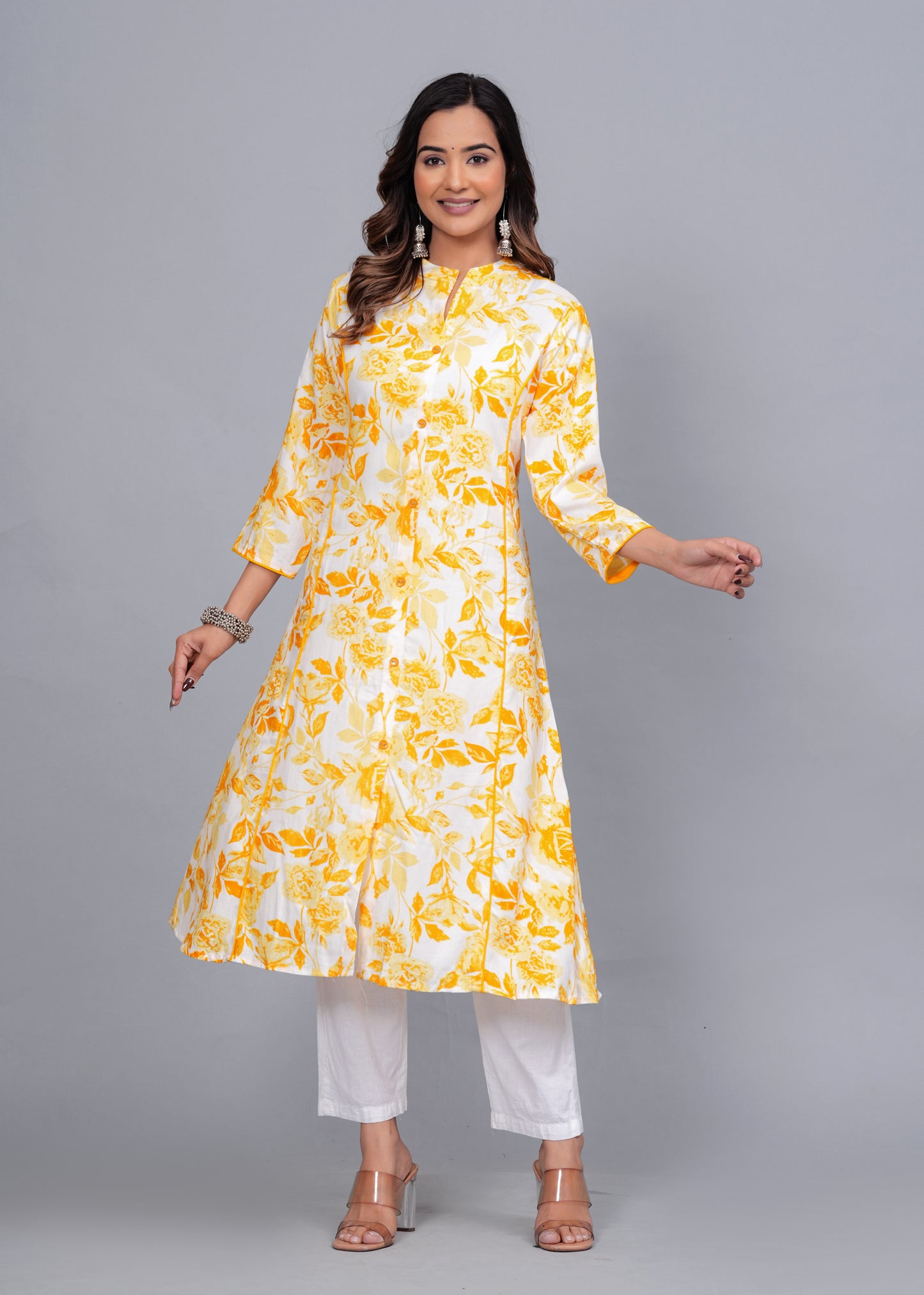 Yellow Blossom: Floral Printed Rayon Kurti