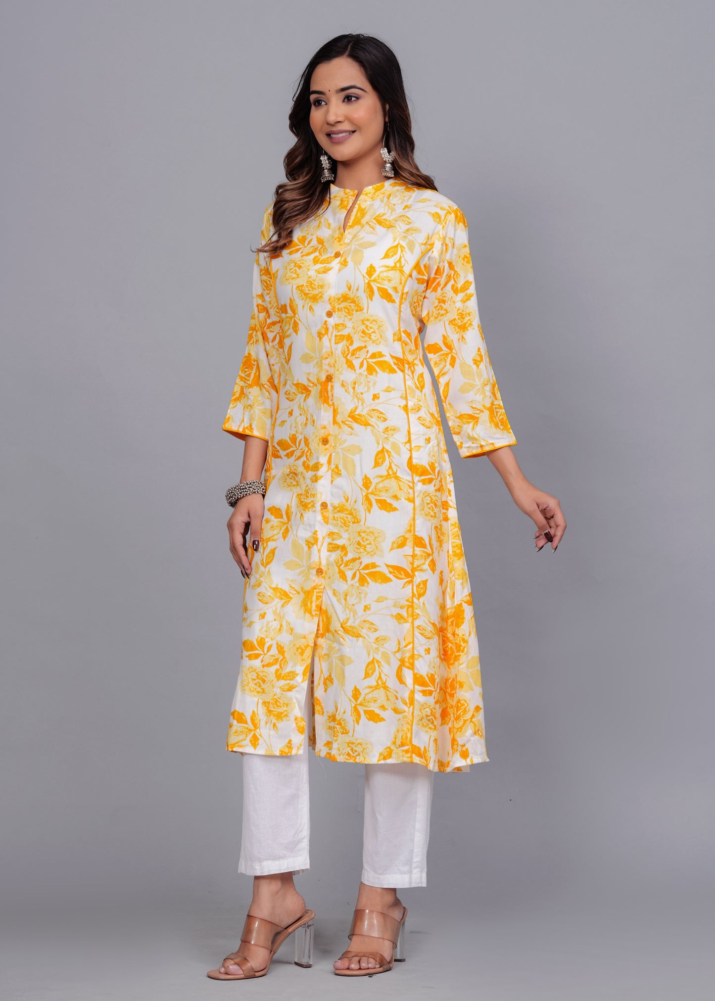 Yellow Blossom: Floral Printed Rayon Kurti