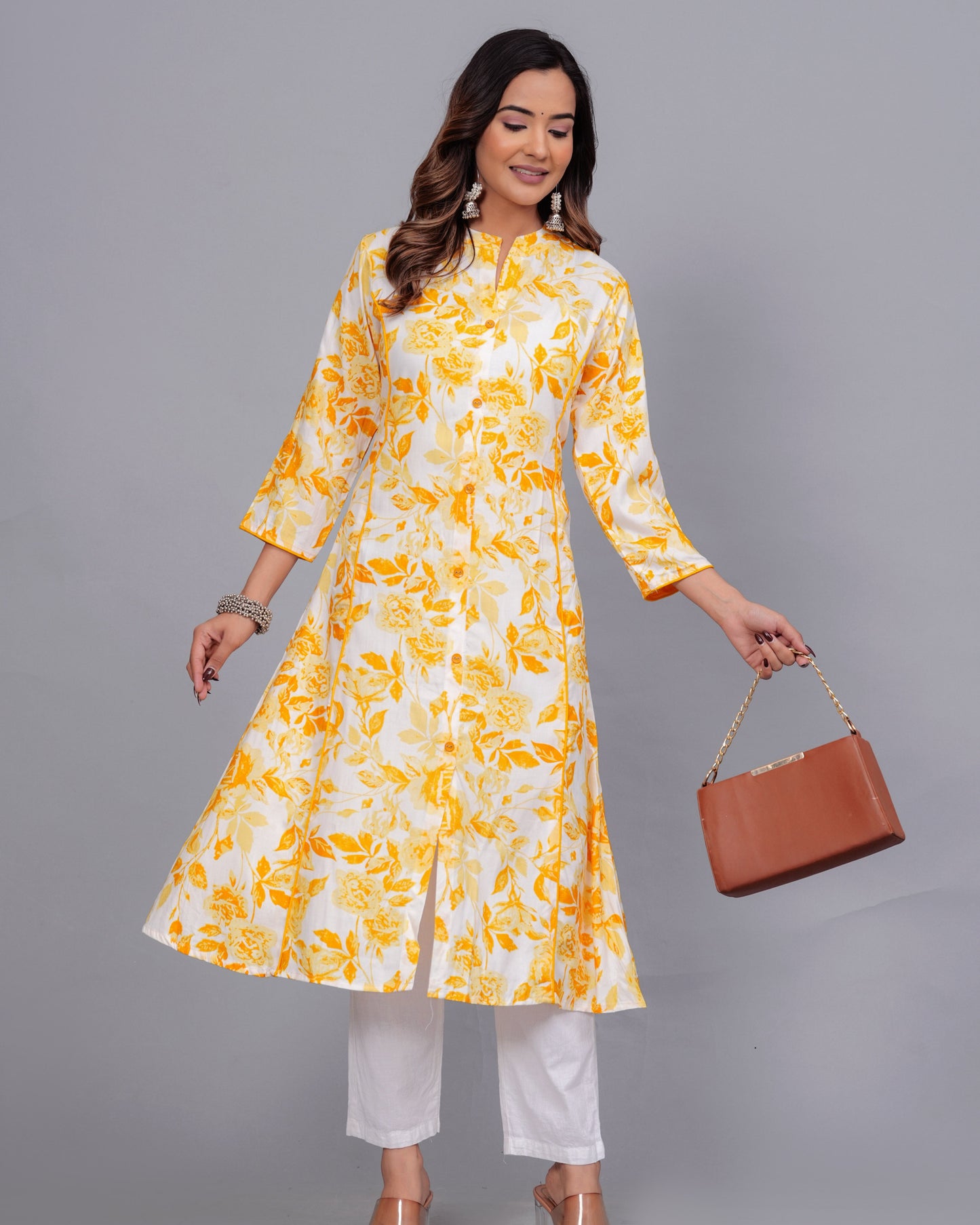 Yellow Blossom: Floral Printed Rayon Kurti