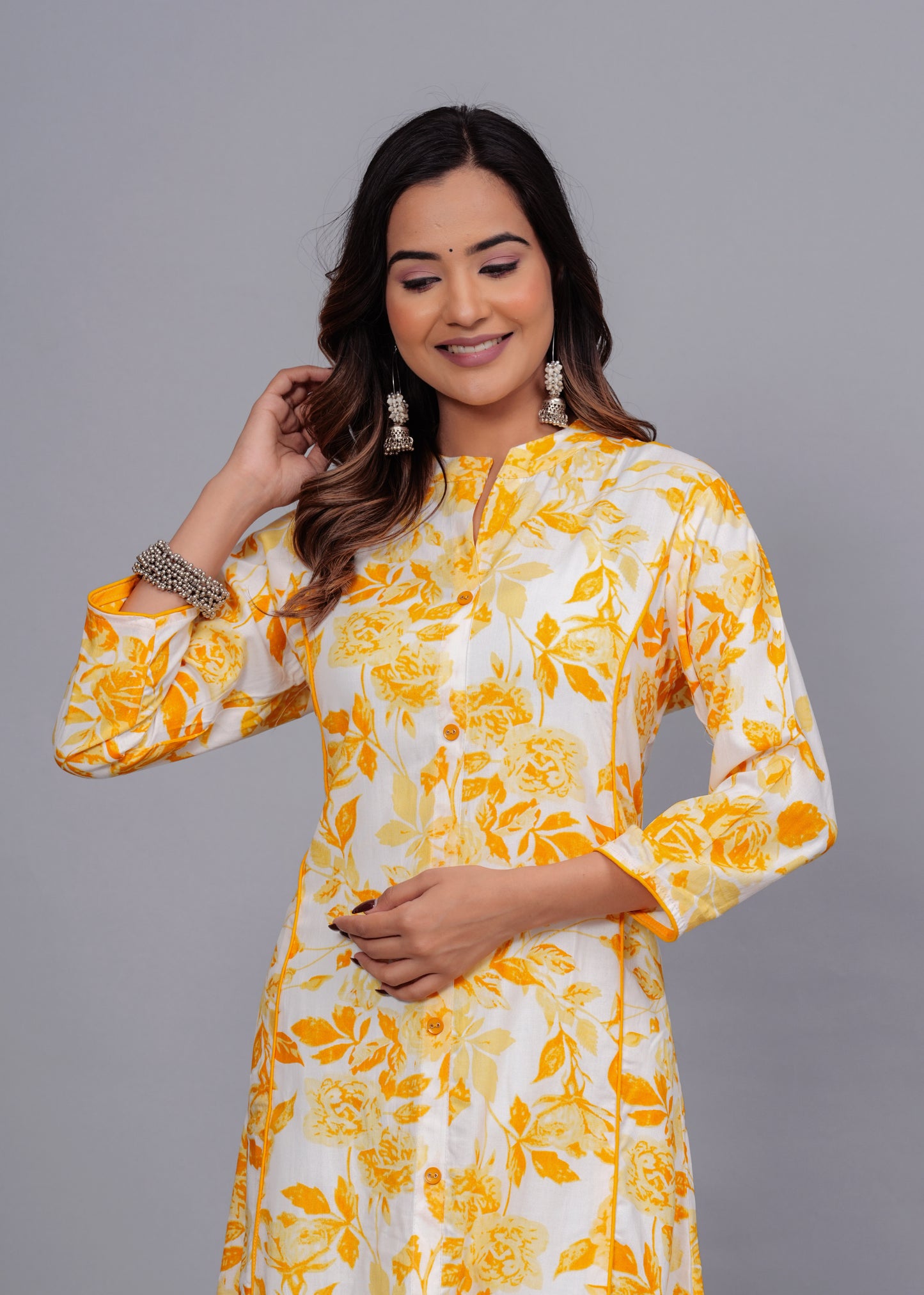 Yellow Blossom: Floral Printed Rayon Kurti