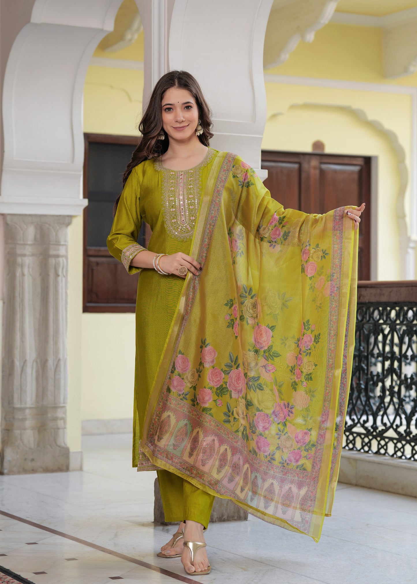 Mehandi Green Grace: Embroidered Kurta Set with Chanderi Dupatta