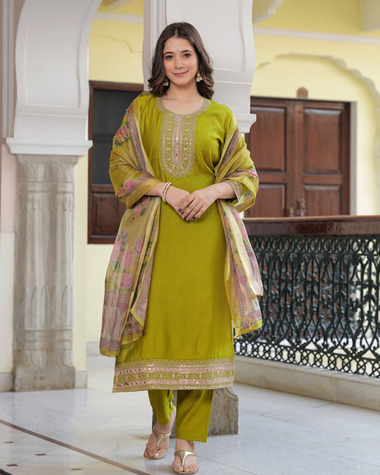 Mehandi Green Grace: Embroidered Kurta Set with Chanderi Dupatta