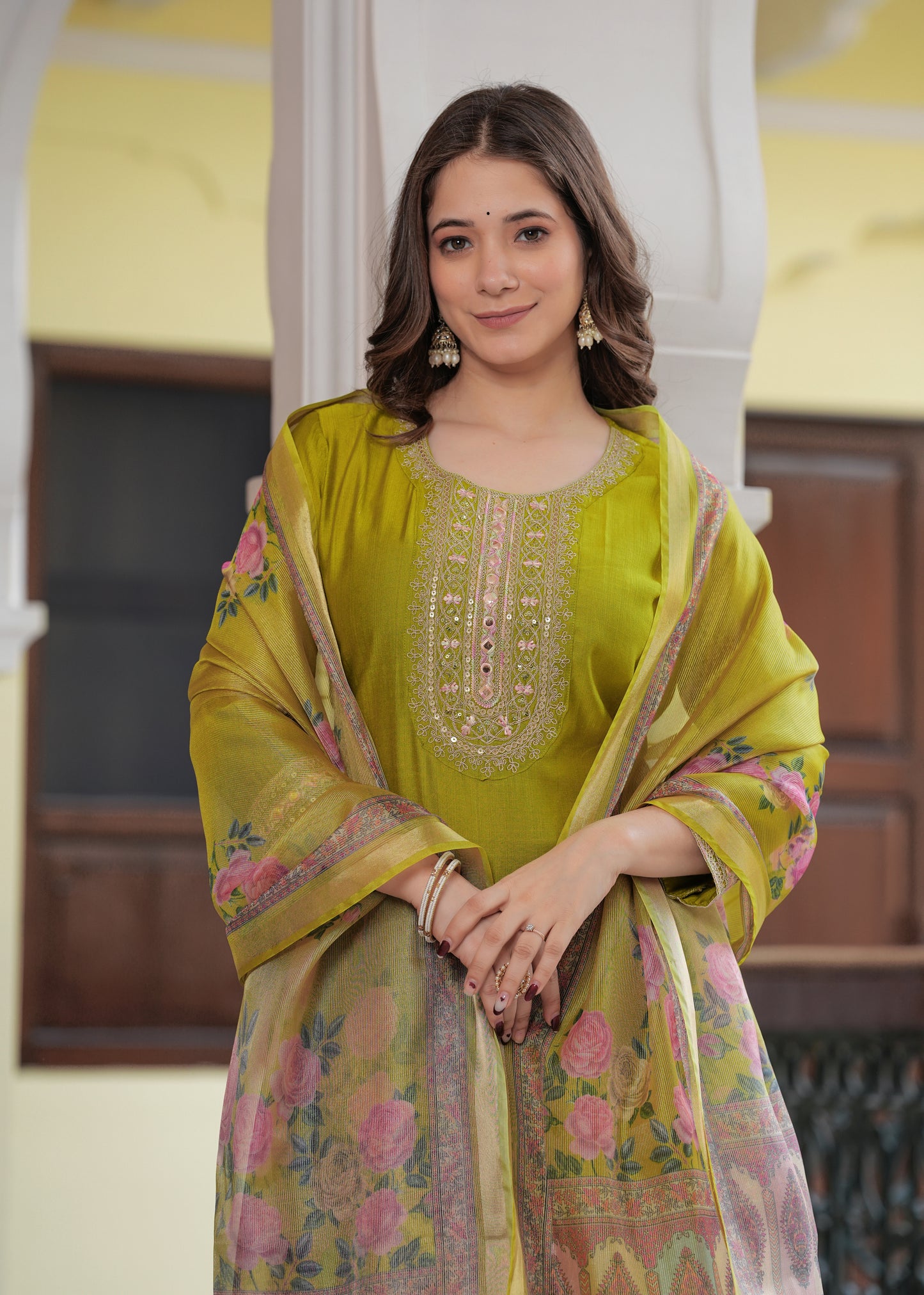 Mehandi Green Grace: Embroidered Kurta Set with Chanderi Dupatta